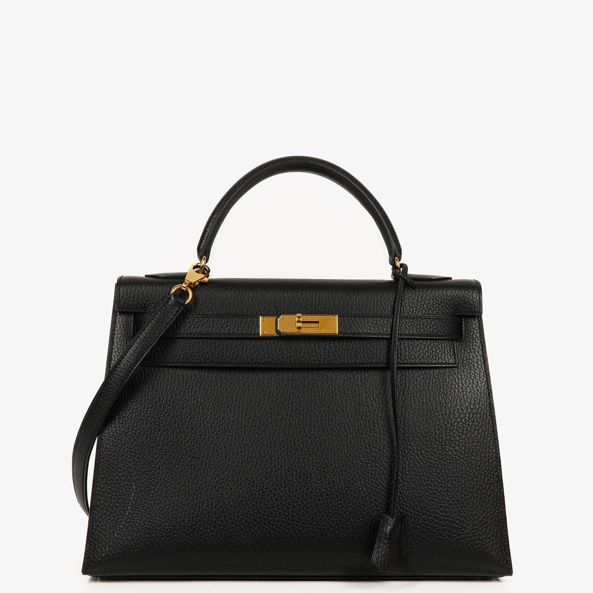 Pre-owned Hermès Kelly 32 Sellier in black Ardennes leather with gold hardware