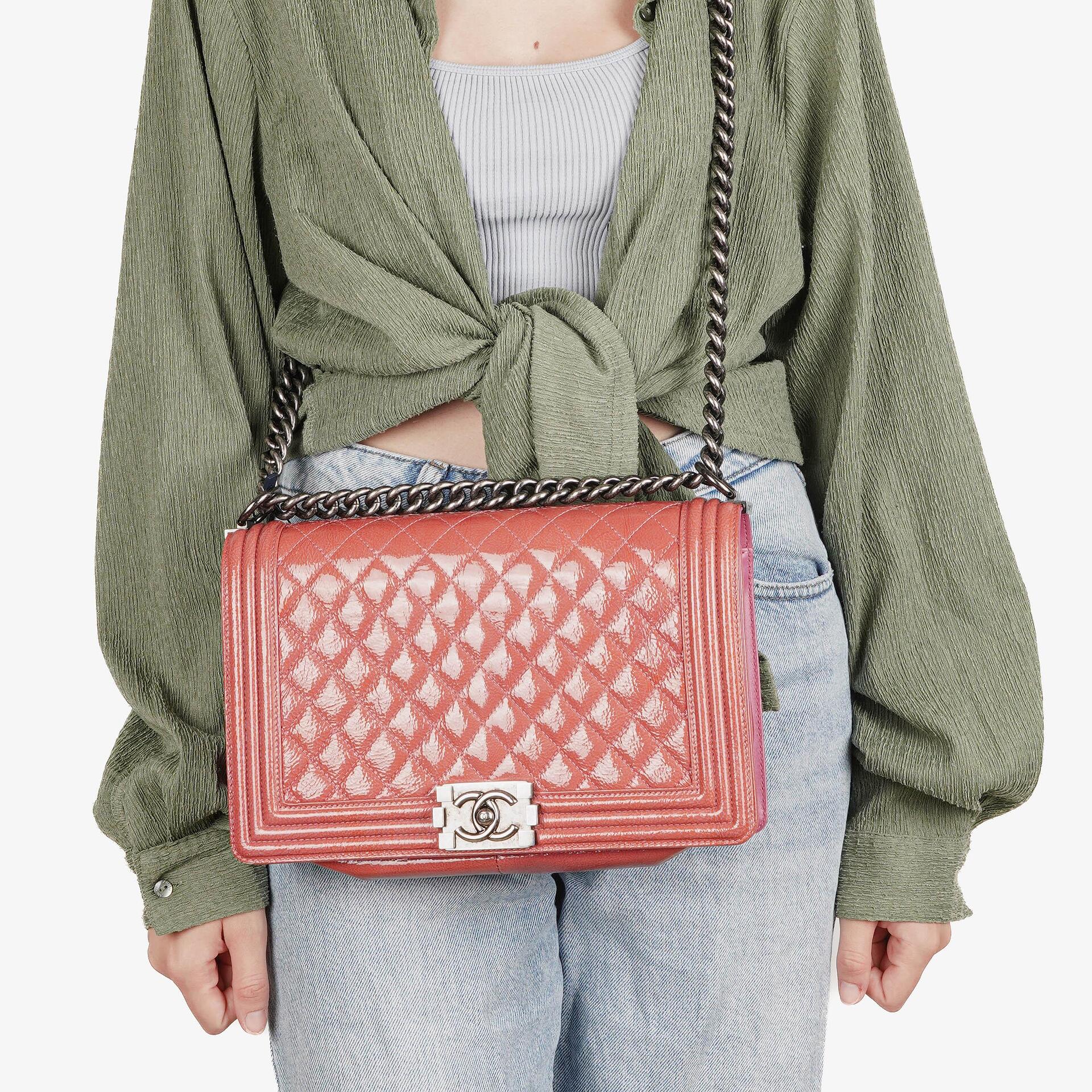 Chanel Large Boy Pink Distressed Patent Quilted Flap Bag