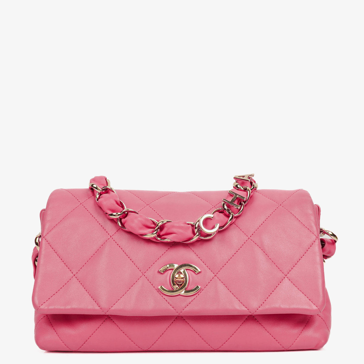 Chanel Pink Single Flap Bag Quilted Leather With Champagne Gold-Tone Hardware