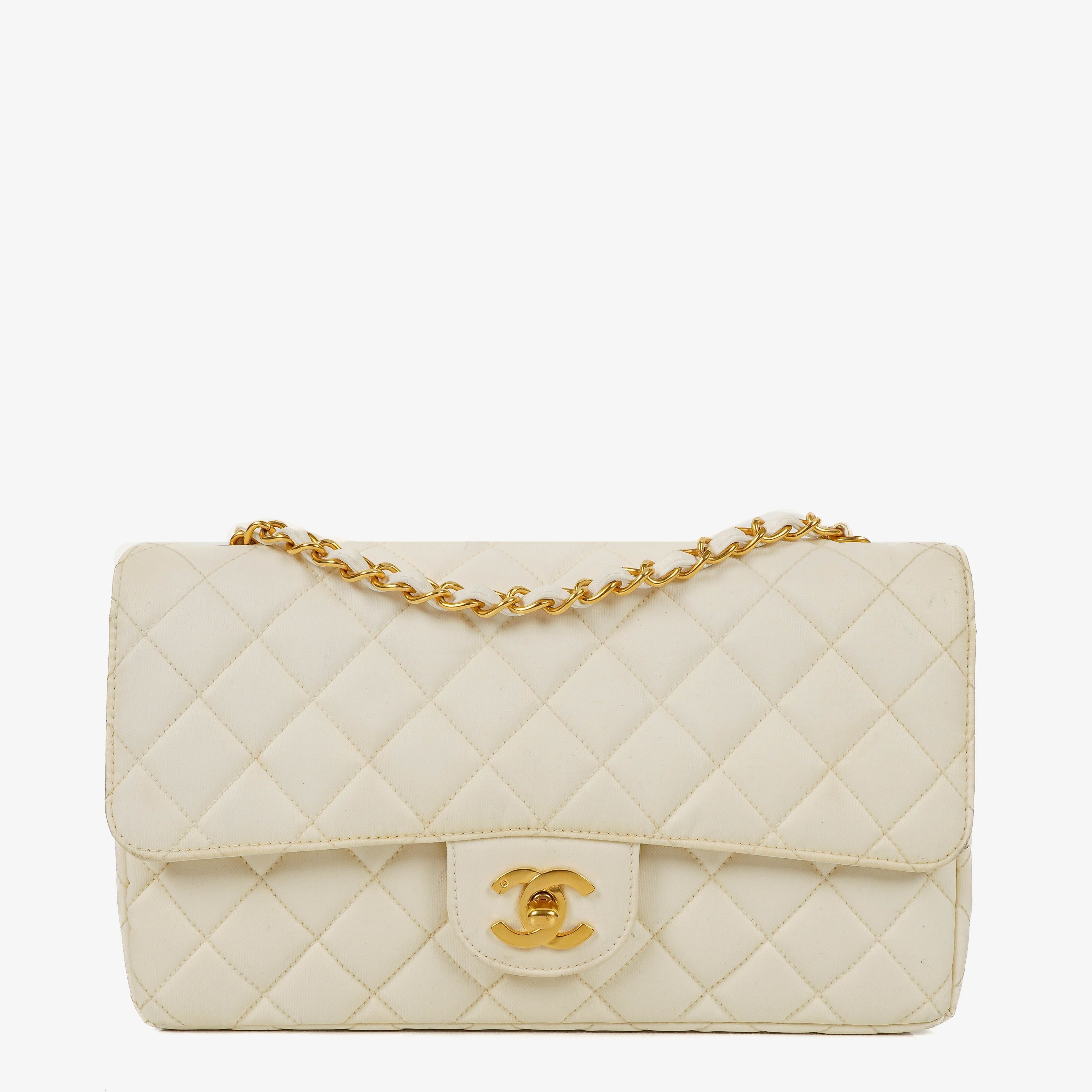 Chanel Medium Classic White Fabric Single Flap Bag With 24K Gold-Plated Hardware