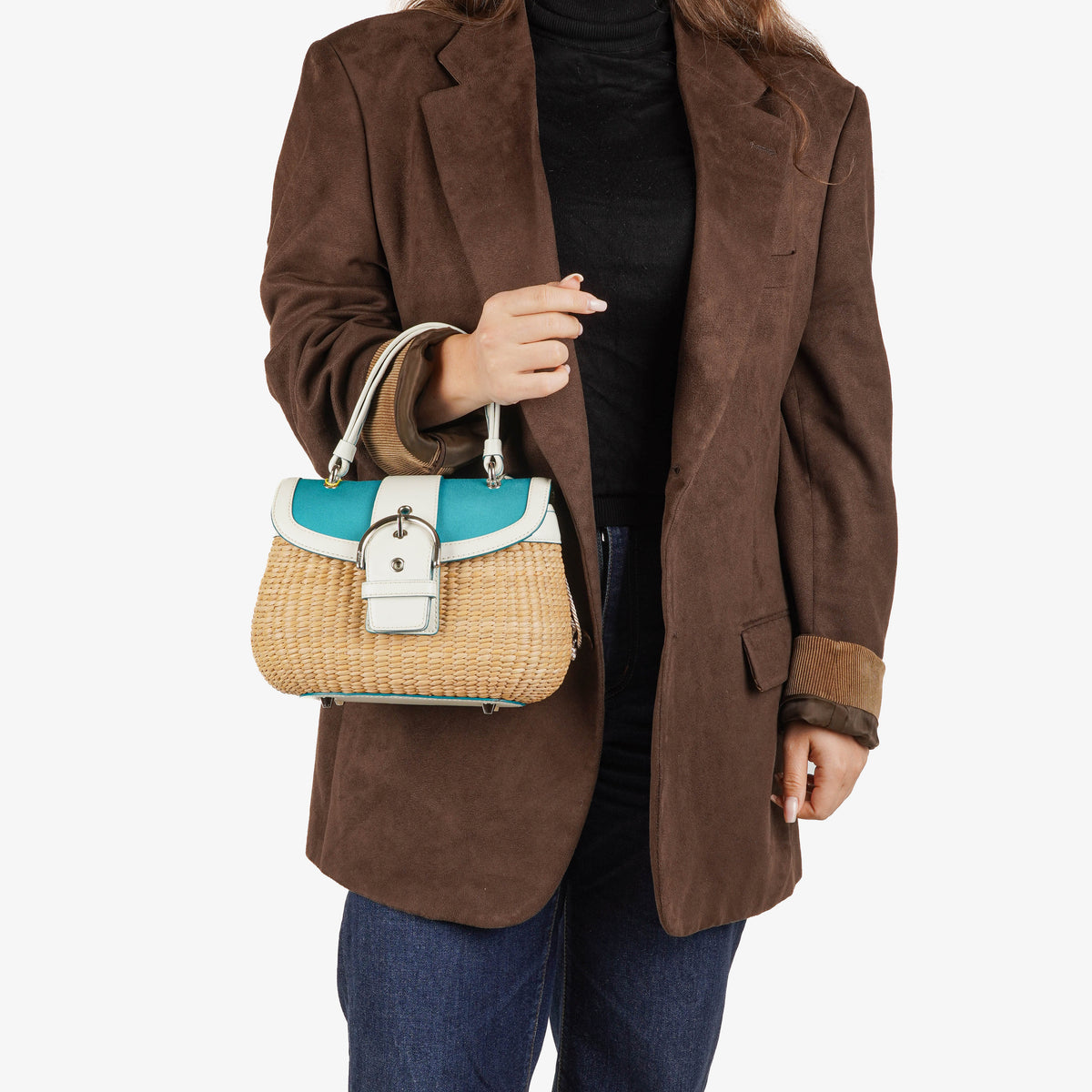 Coach Woven And White Leather Handbag