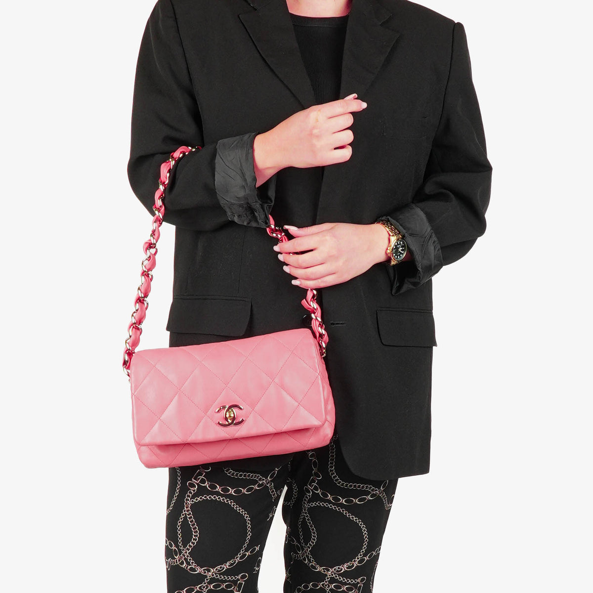 Chanel Pink Single Flap Bag Quilted Leather With Champagne Gold-Tone Hardware