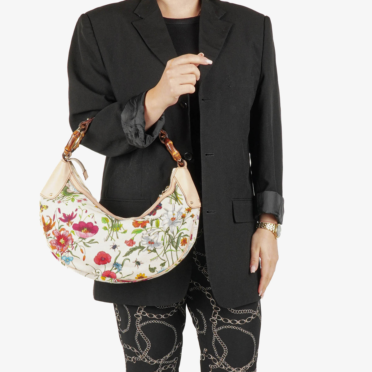 Gucci Canvas Floral Flora Bamboo Ring Hobo Bag