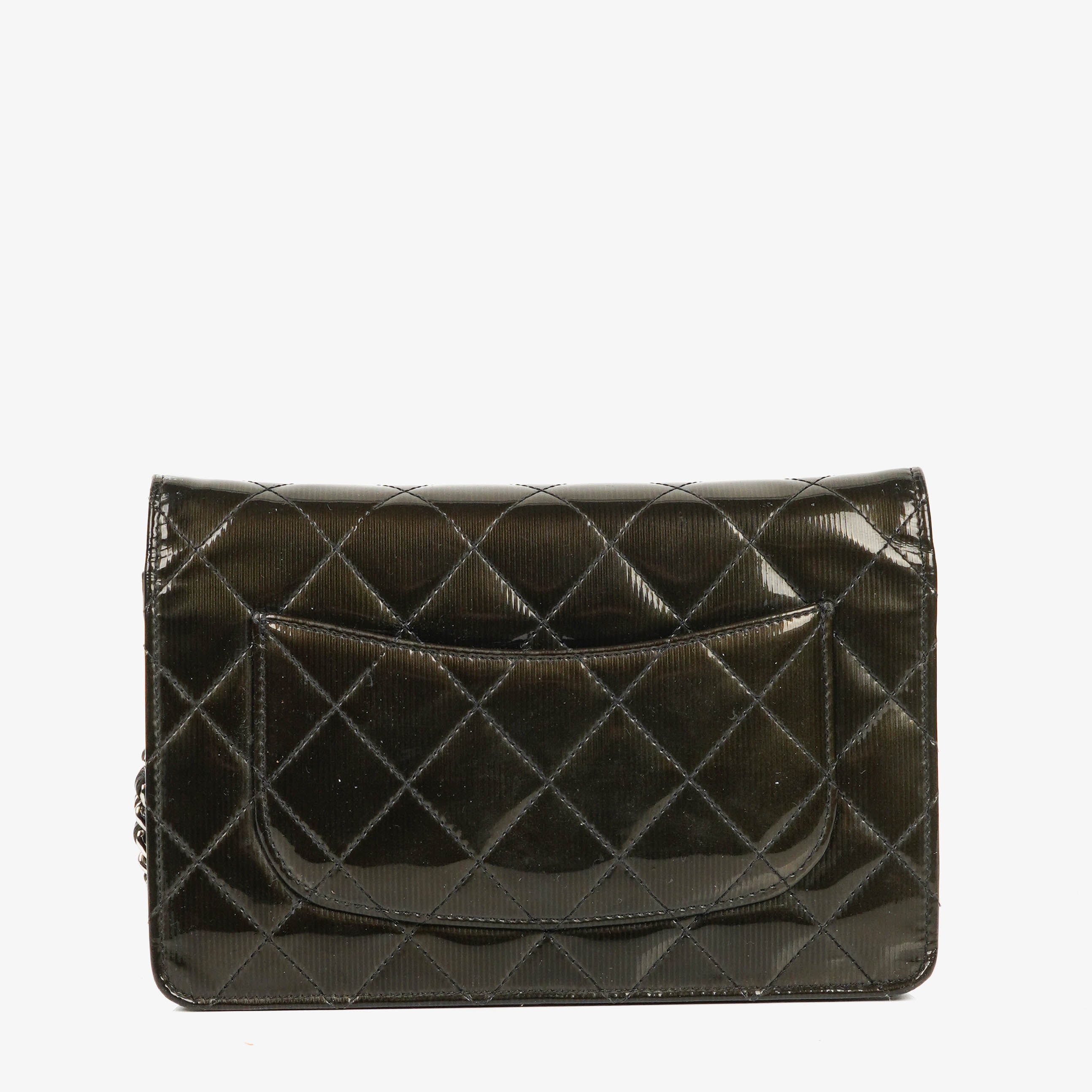 Chanel Black Patent Leather Quilted Wallet On Chain Bag