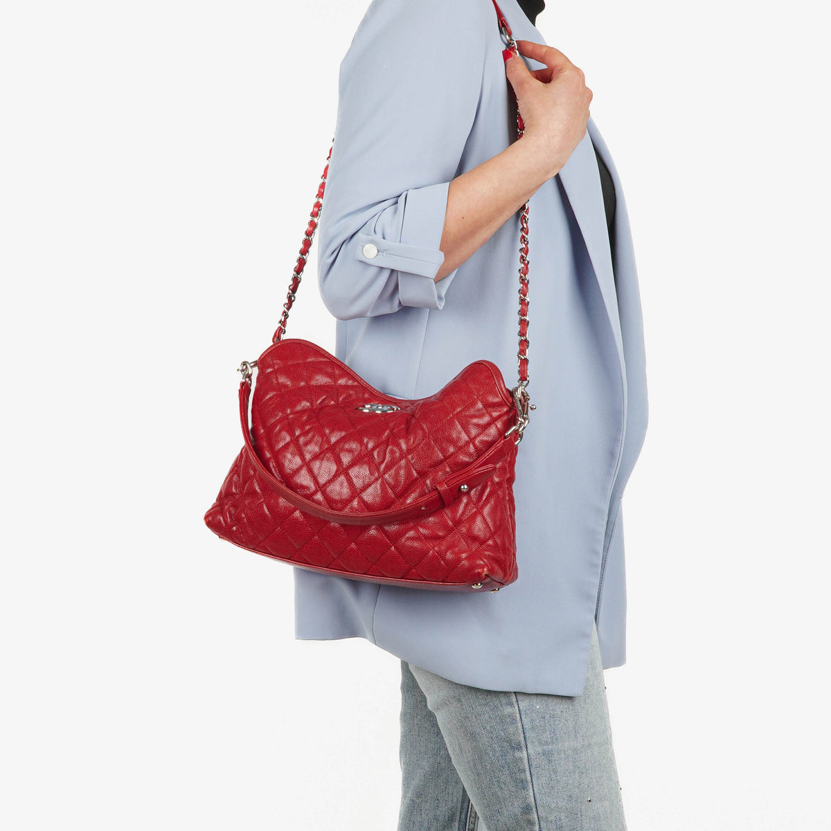 Chanel Caviar Rouge Quilted Leather French Riviera Hobo Bag