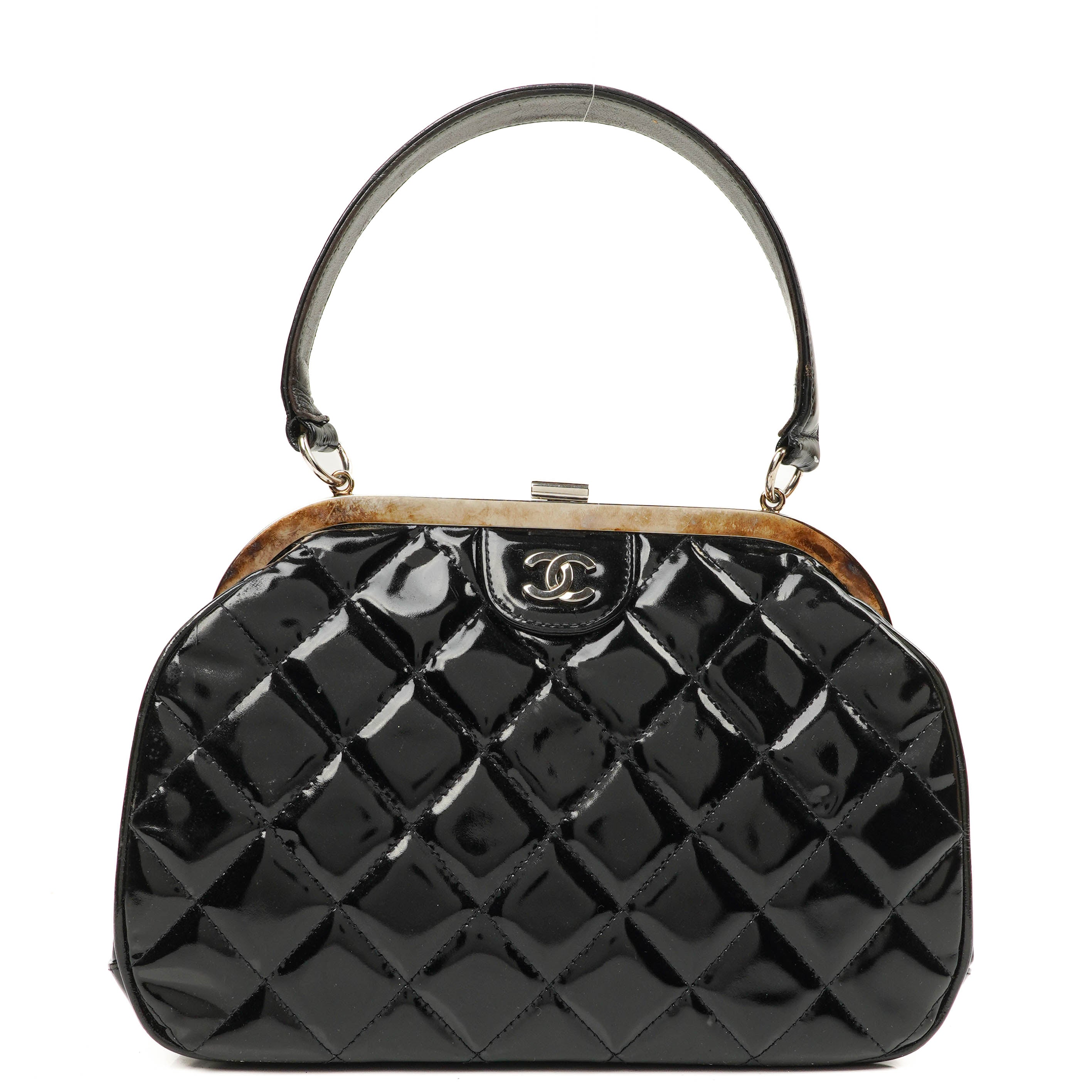 Chanel Vintage Top Handle Schwarzes Gestepptes Lammleder Kelly Stil, 1996-1997