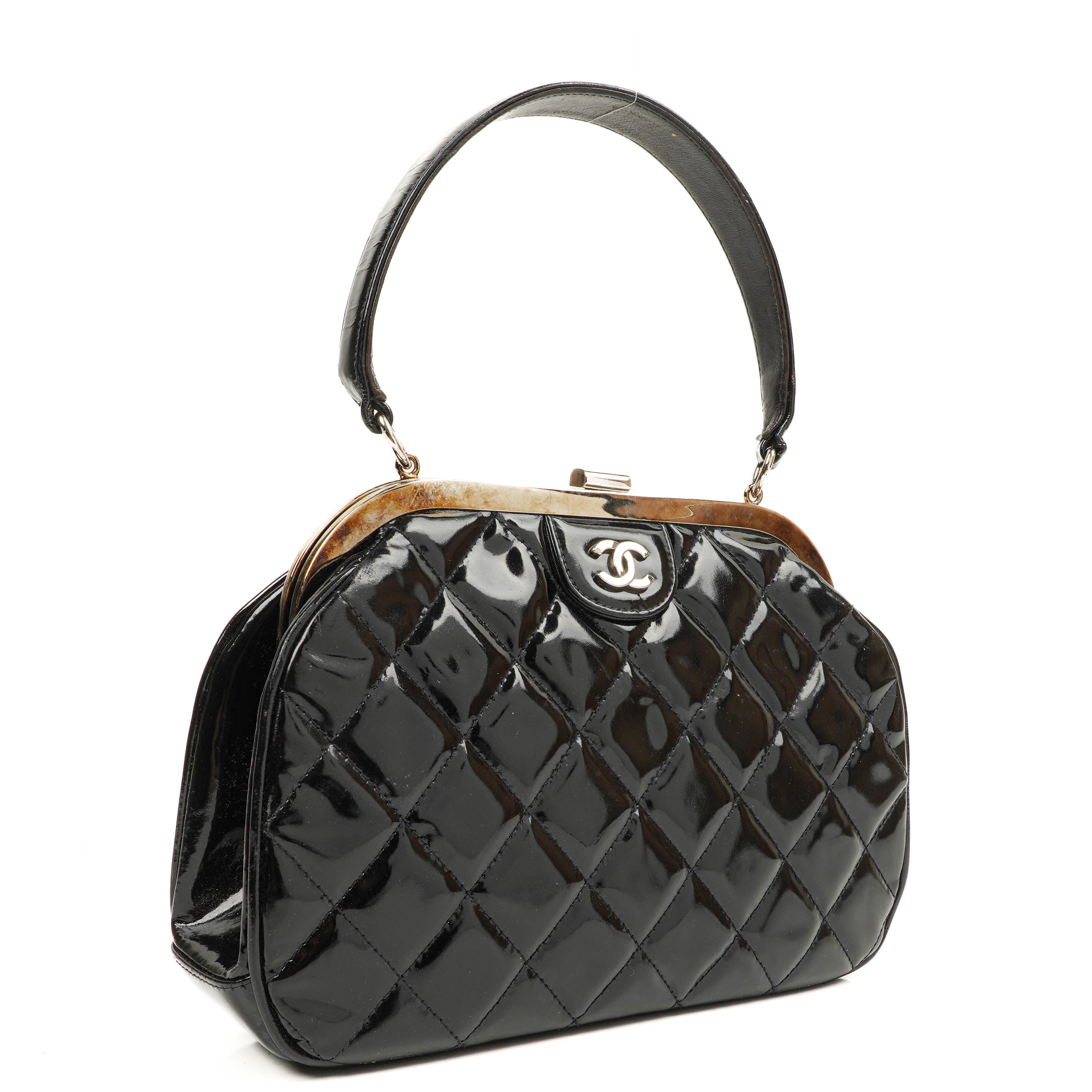 Chanel Vintage Top Handle Schwarzes Gestepptes Lammleder Kelly Stil, 1996-1997