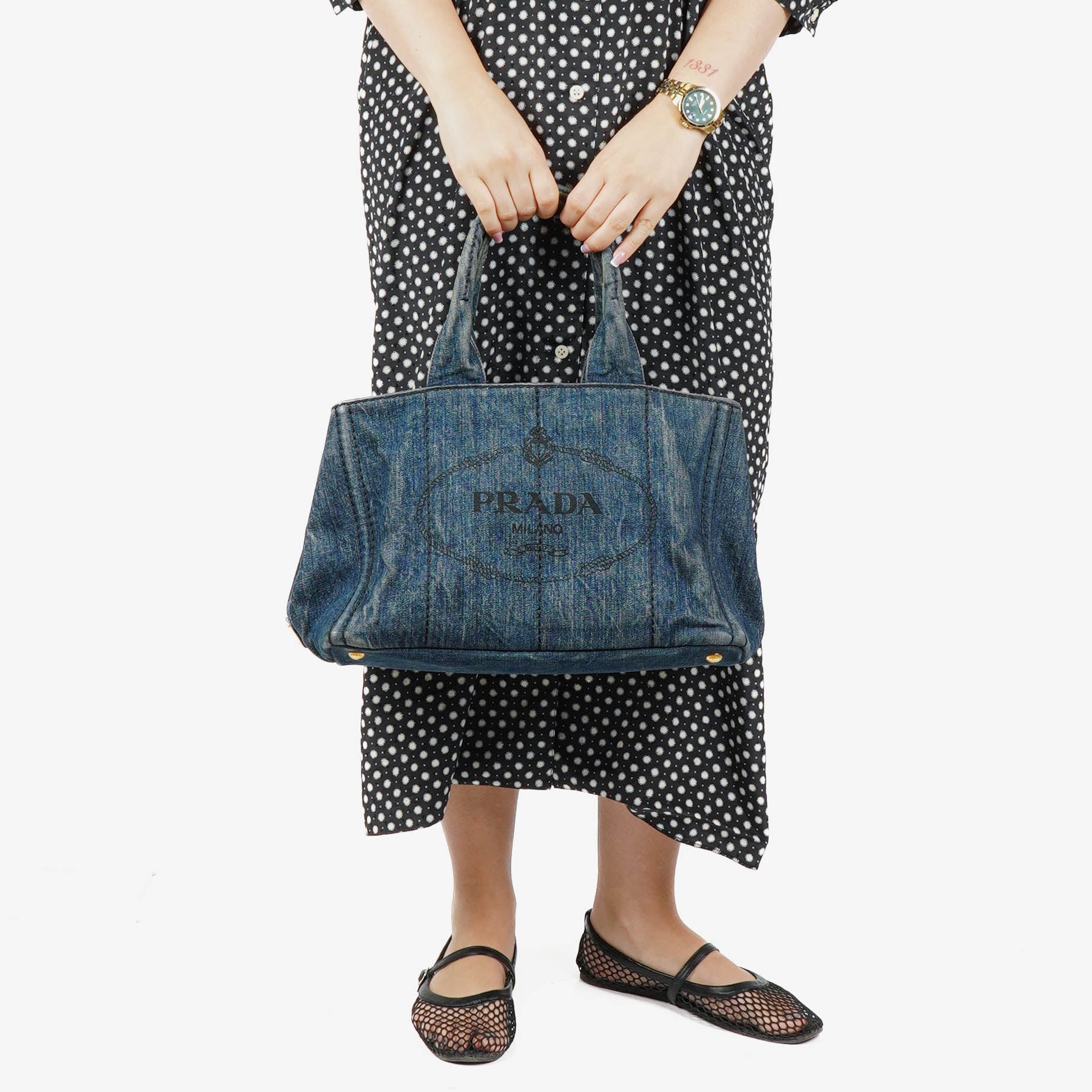 Prada Avio Denim Logo Tote Bag