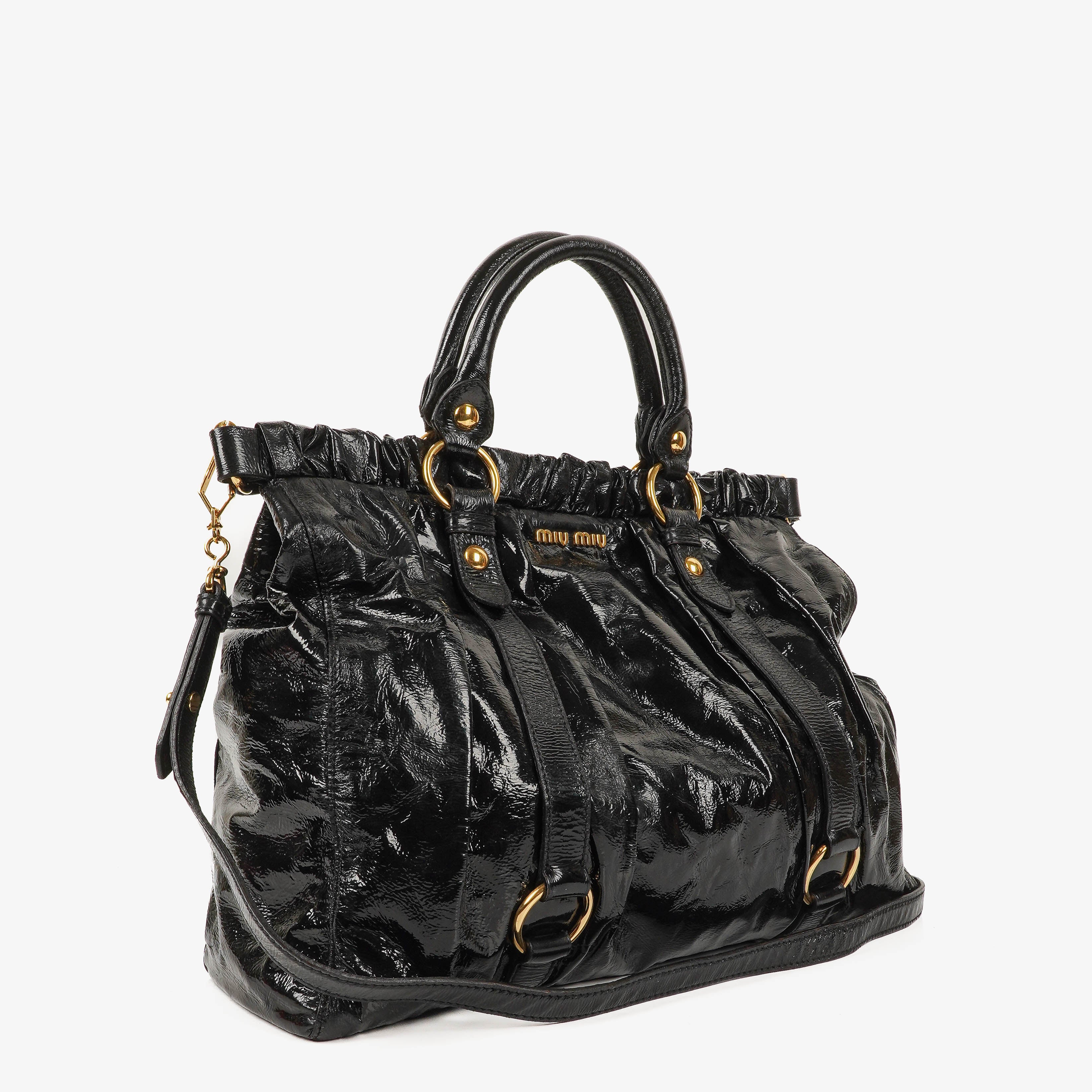 Miu Miu Vitello Black Gathered Patent Leather Satchel Bag