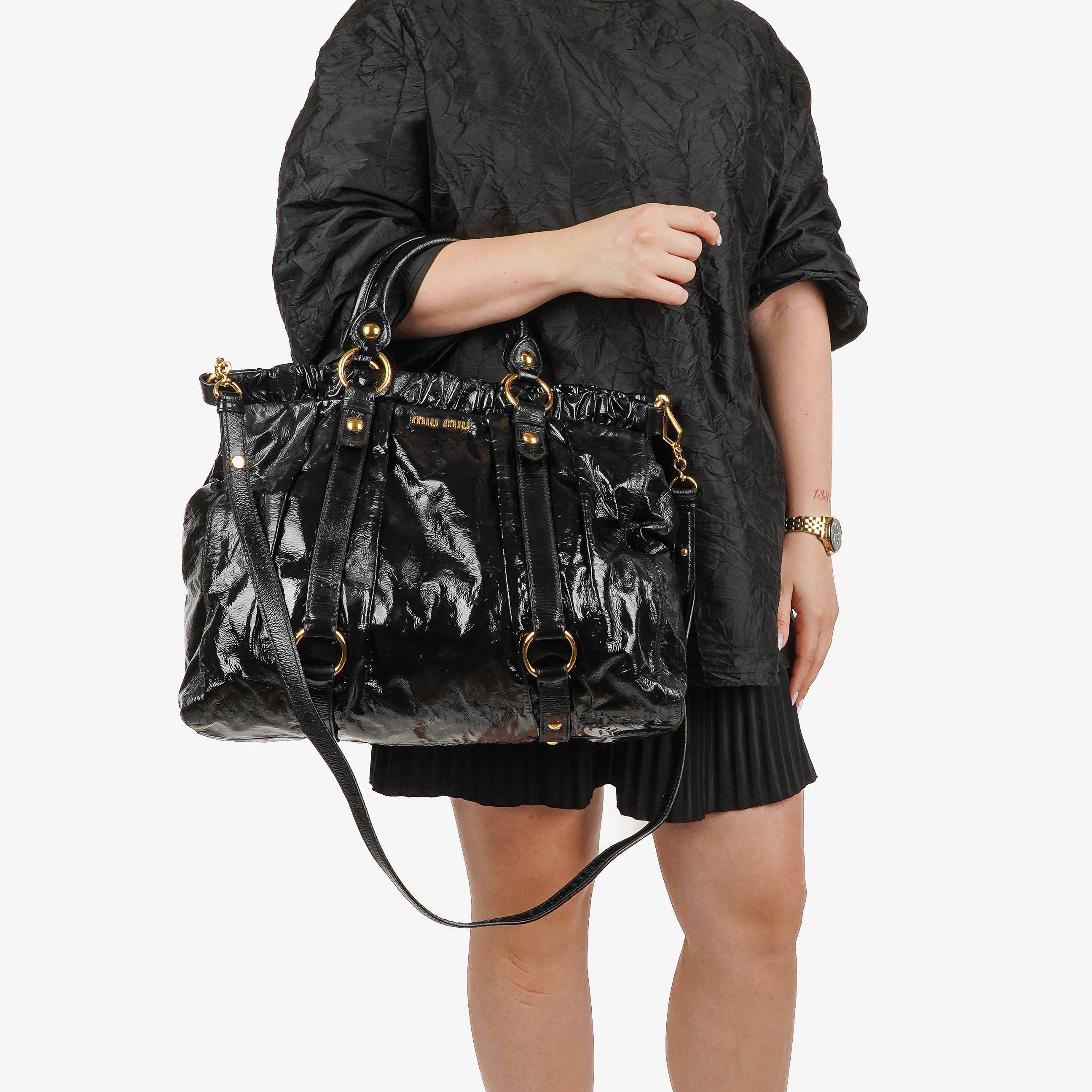 Miu Miu Vitello Black Gathered Patent Leather Satchel Bag