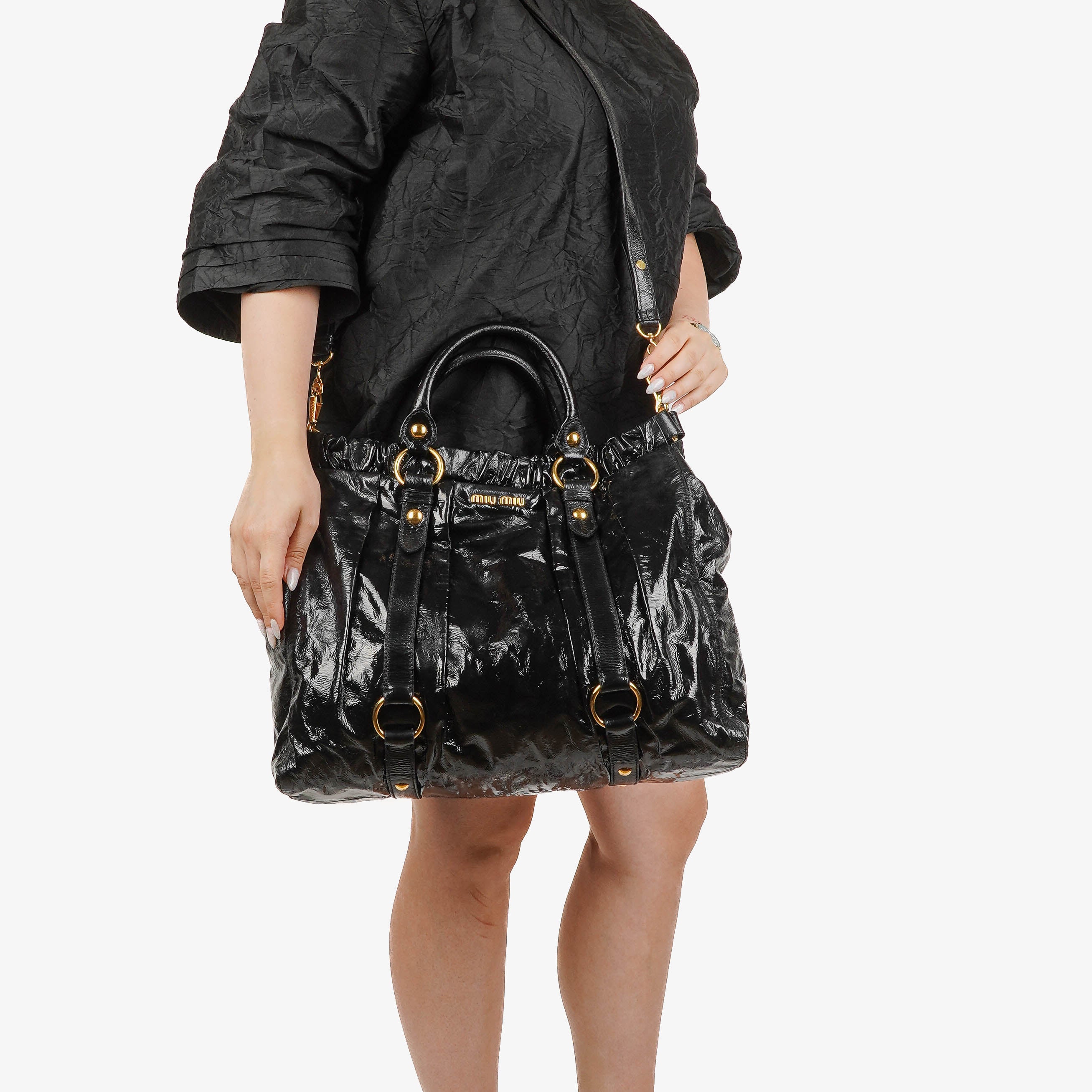 Miu Miu Vitello Black Gathered Patent Leather Satchel Bag