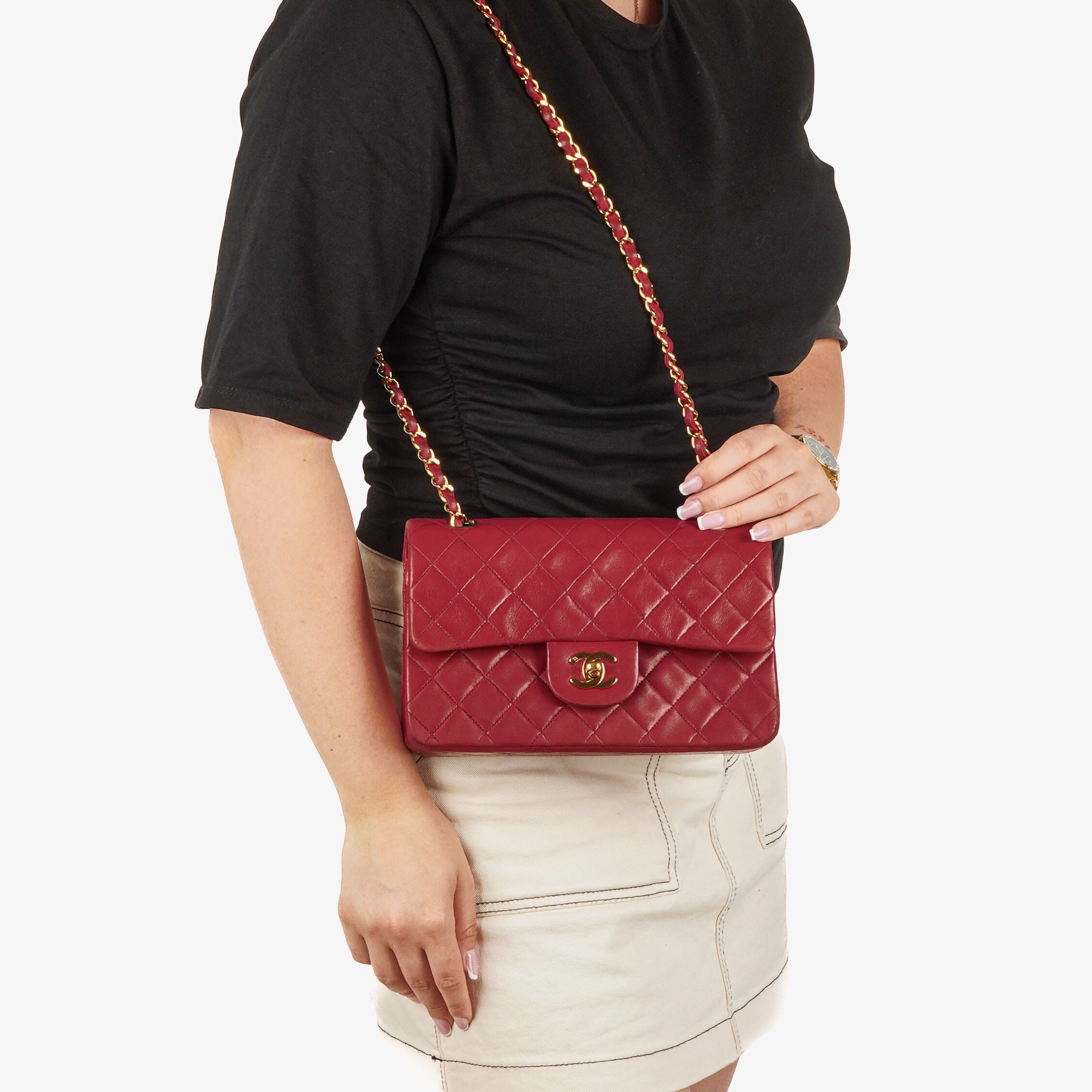 Chanel Small Classic Double Flap Bag Red Quilted Lambskin With 24K Gold-Plated Hardware