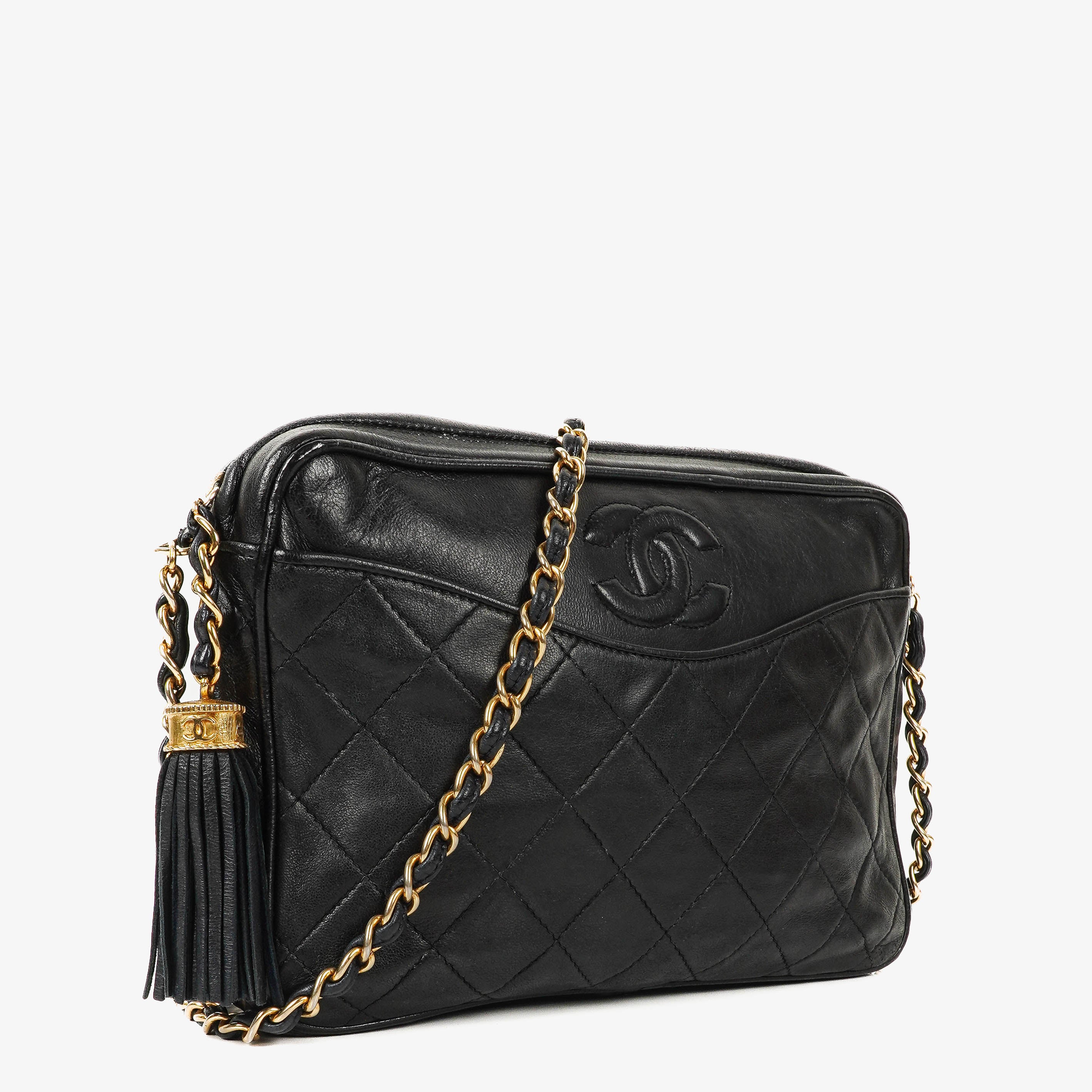 Chanel Vintage Camera Tassel Bag CC Front Pocket Black Quilted Lambskin