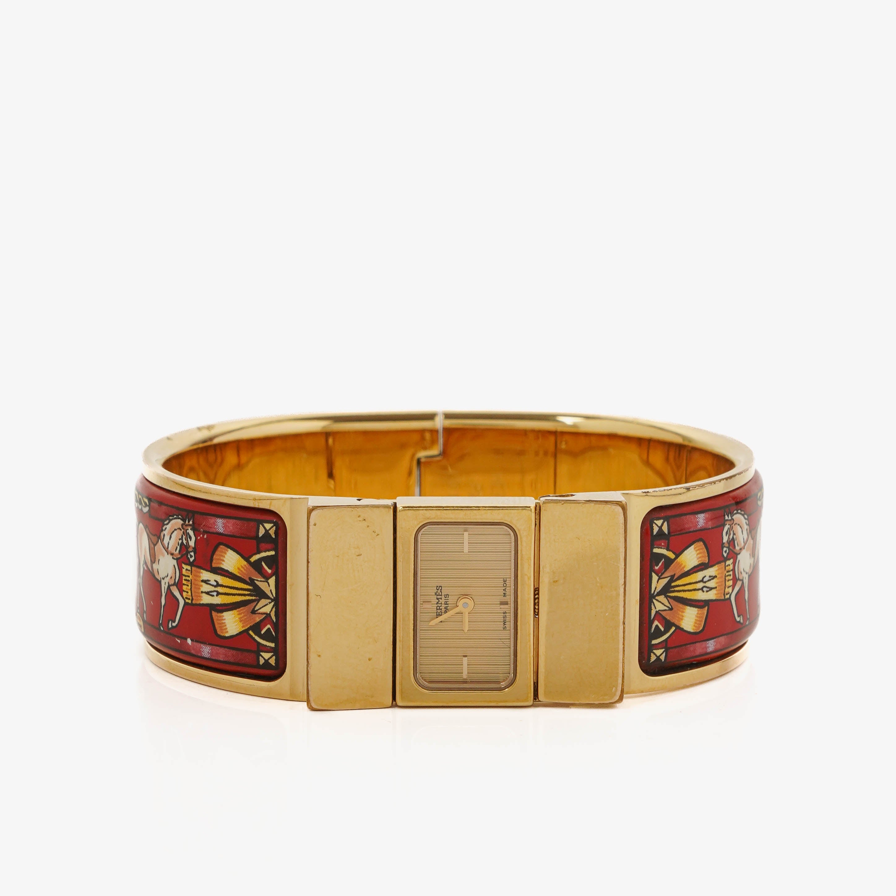 Hermes Red Equestrian Enamel and Gold Plated Loquet Bangle Quartz Watch L01.200