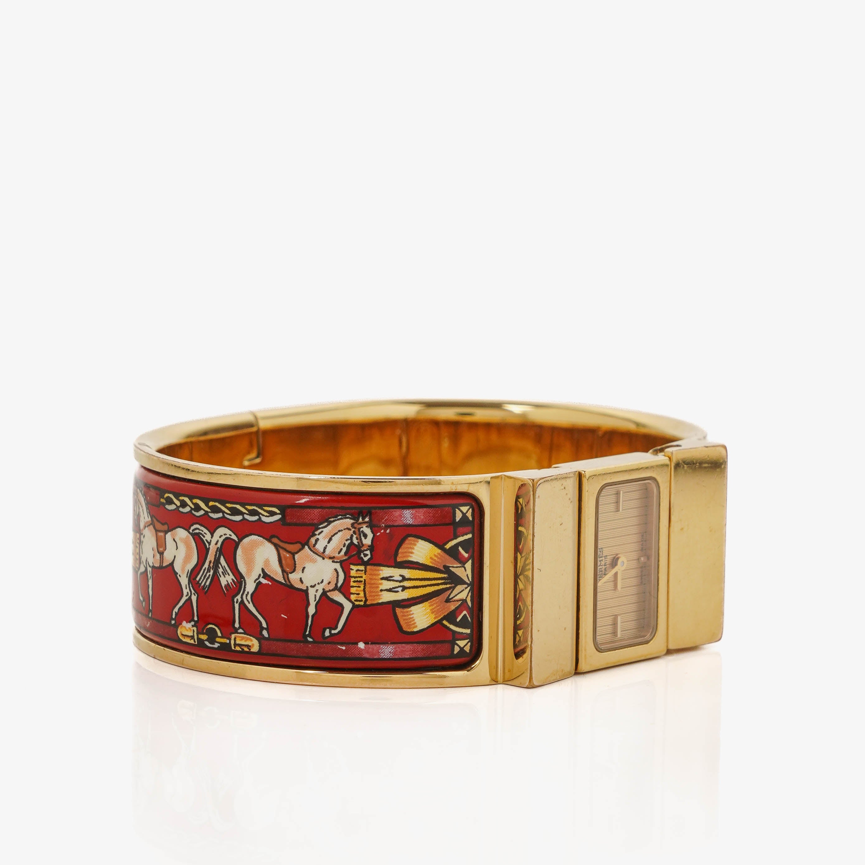 Hermes Red Equestrian Enamel and Gold Plated Loquet Bangle Quartz Watch L01.200