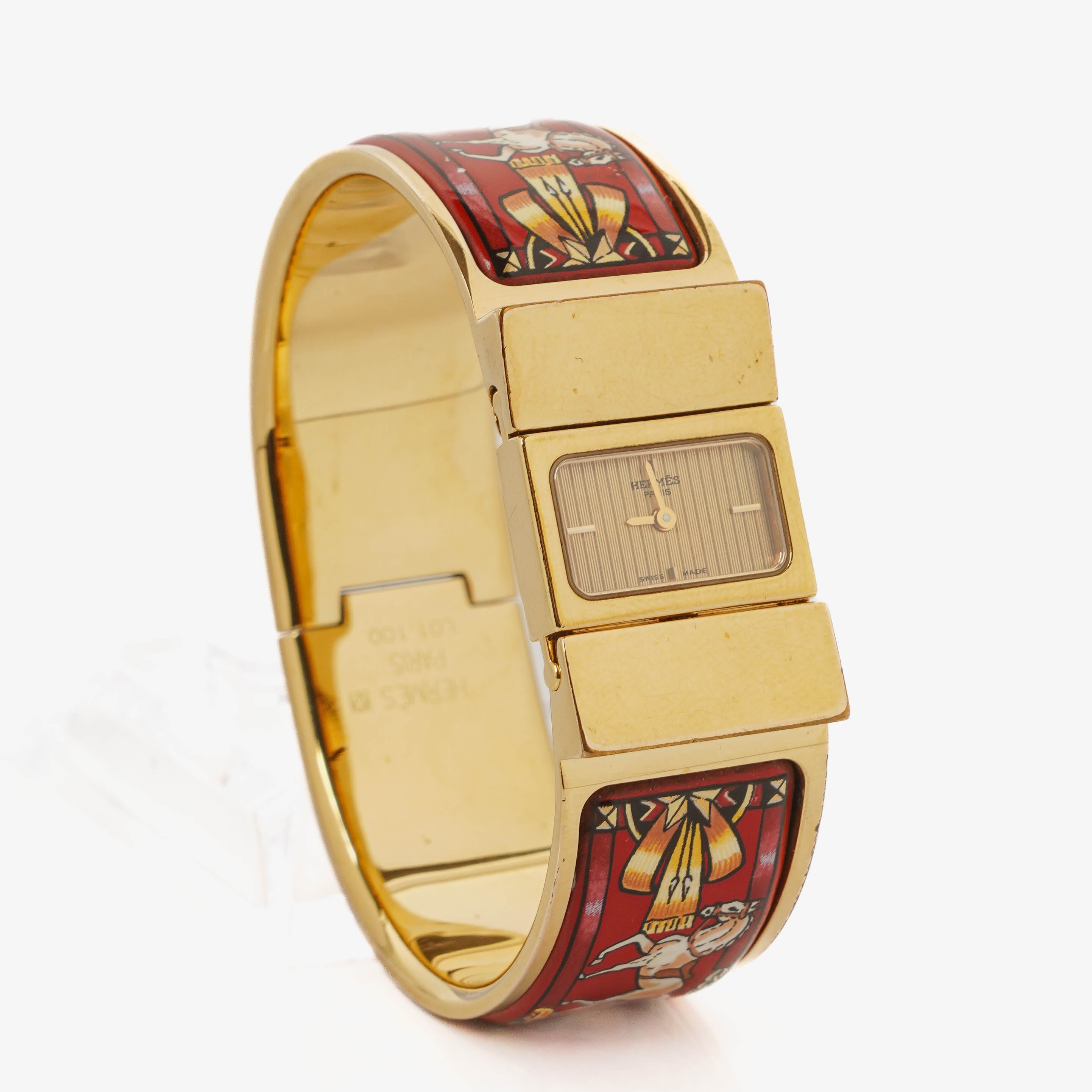 Hermes Red Equestrian Enamel and Gold Plated Loquet Bangle Quartz Watch L01.200