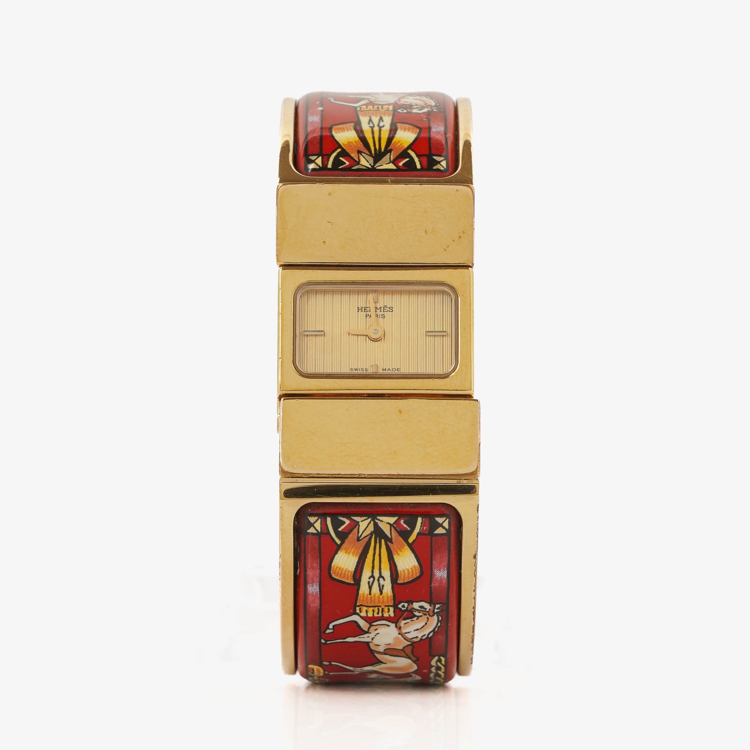 Hermes Red Equestrian Enamel and Gold Plated Loquet Bangle Quartz Watch L01.200
