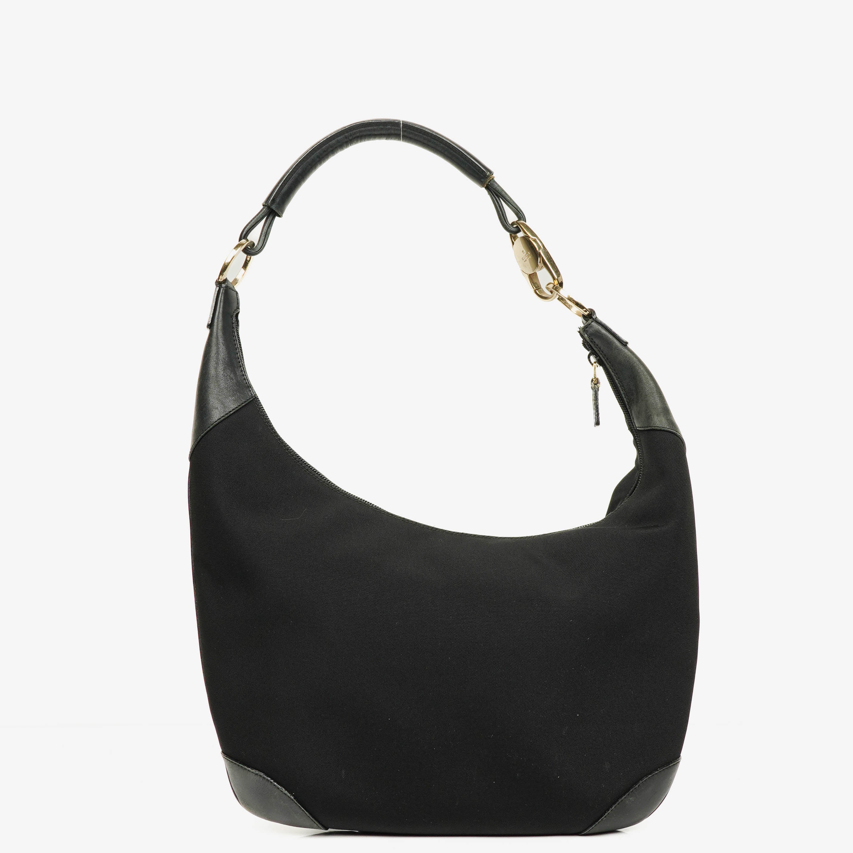 Gucci Black Nylon Leather Braided Handle Ring Hobo Bag