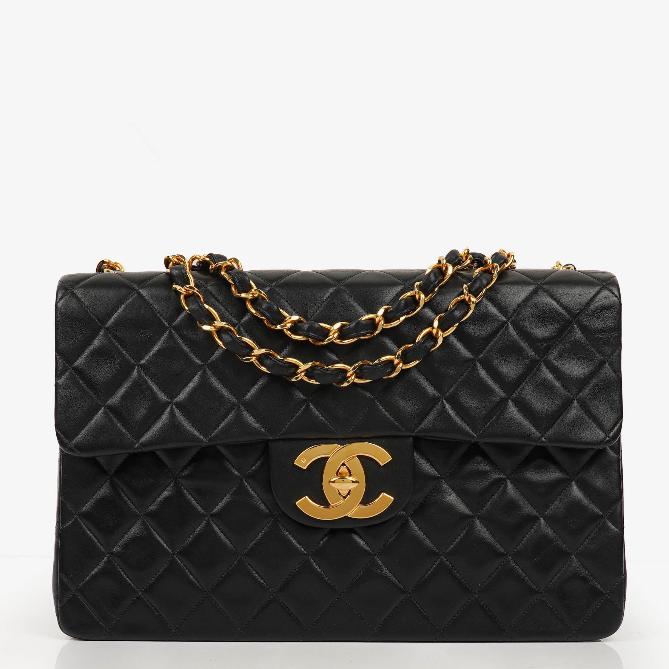 Chanel Jumbo CC Classic Single Flap Maxi Logo Bag Black Quilted Lambskin 24K Gold-Plated Hardware