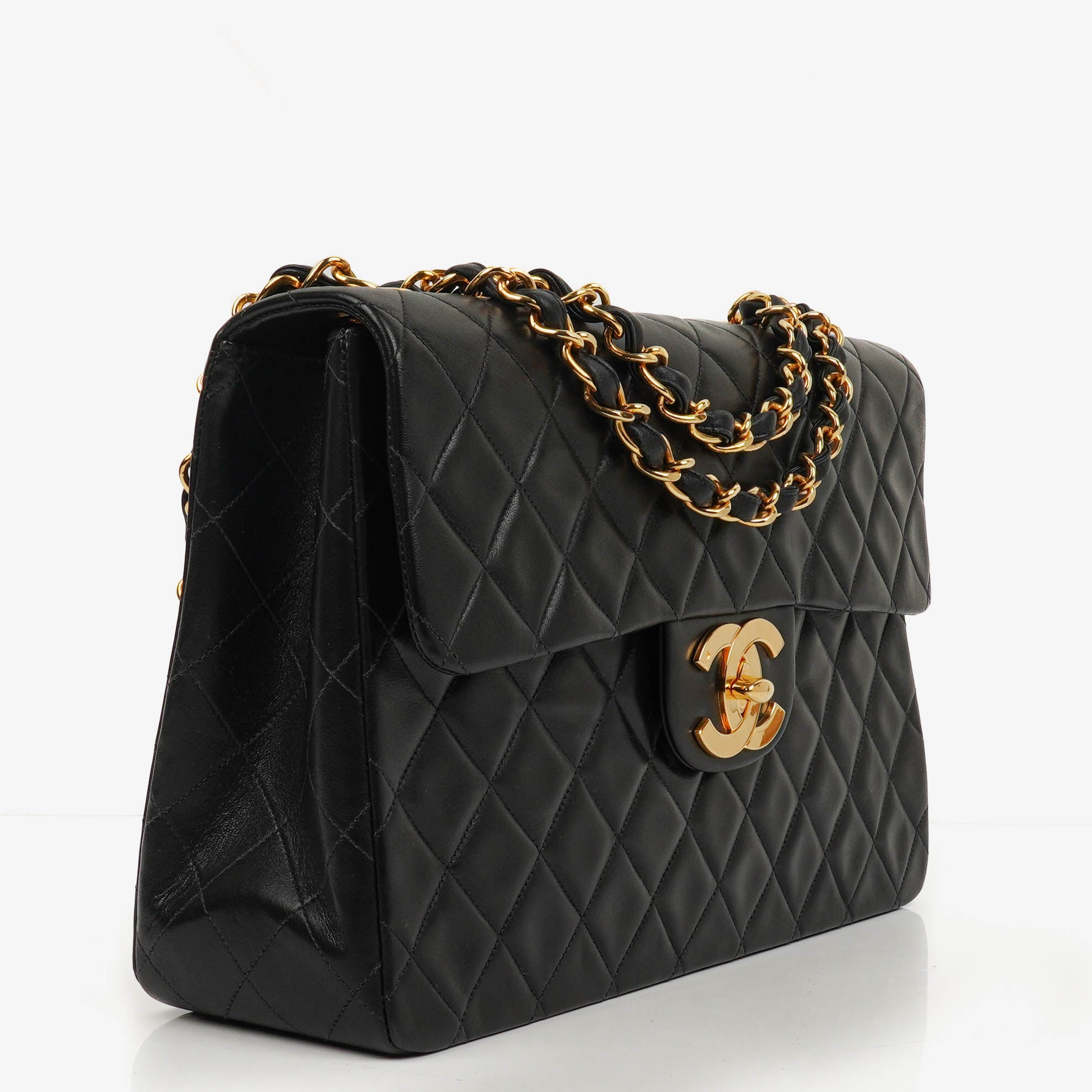 Chanel Jumbo CC Classic Single Flap Maxi Logo Bag Black Quilted Lambskin 24K Gold-Plated Hardware