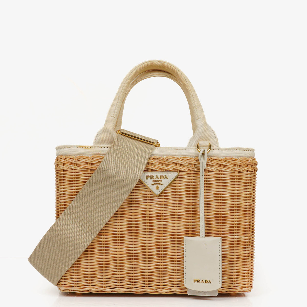 Prada Naturale White Medium Wicker and Canvas Tote Bag