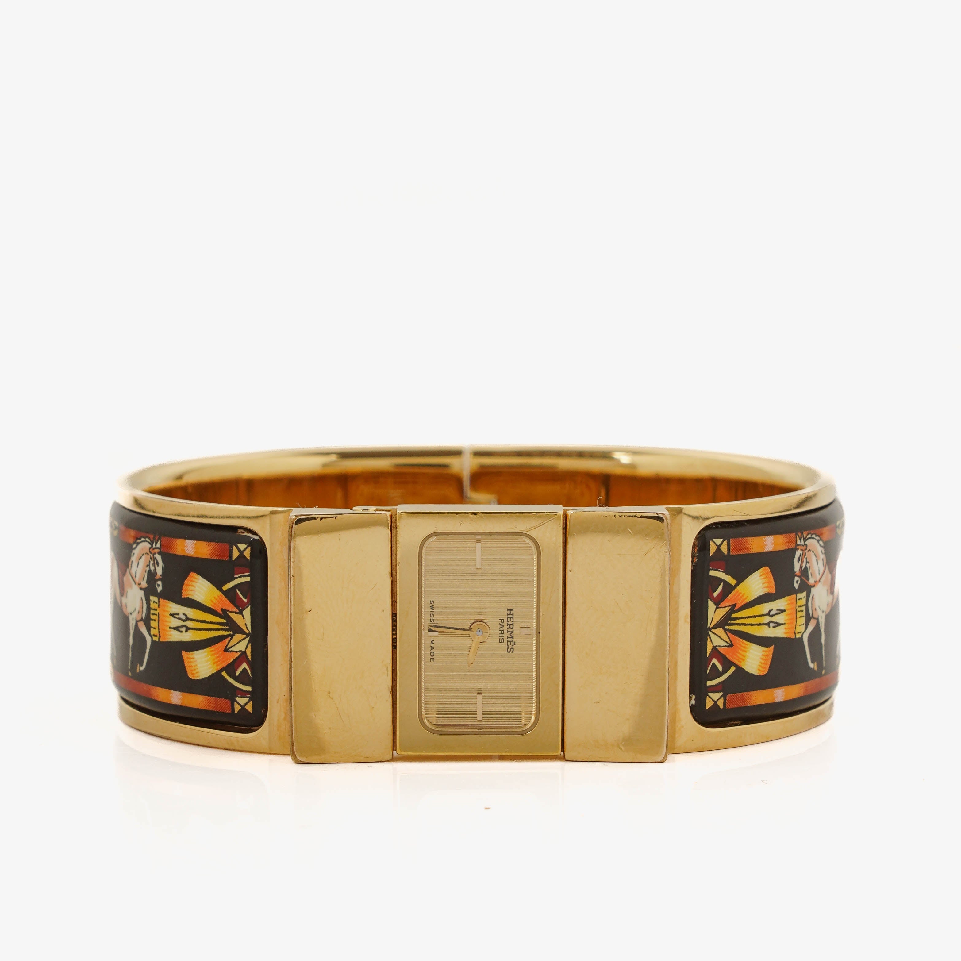 Hermes Black Equestrian Enamel and Gold Plated Loquet Bangle Quartz Watch L01.100