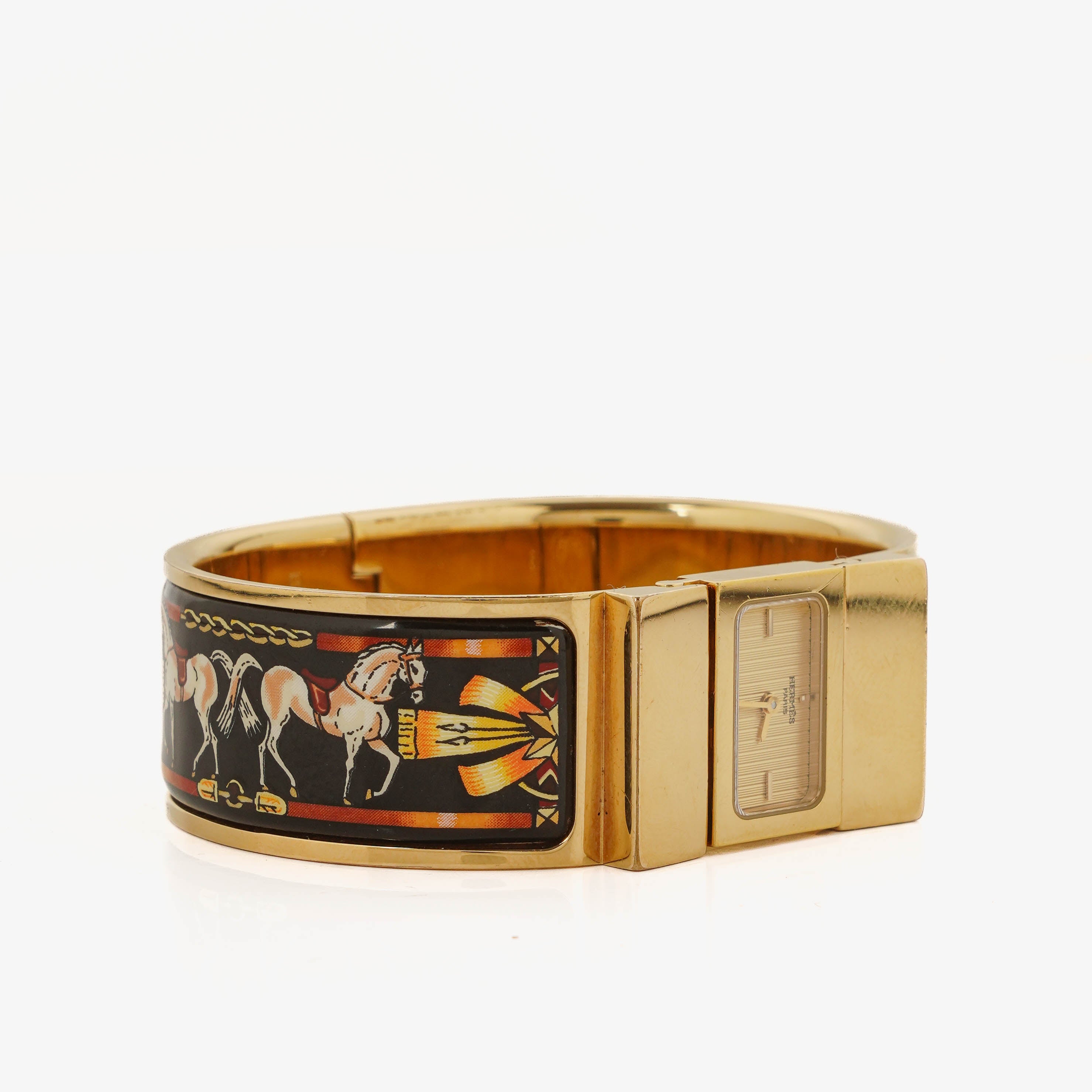Hermes Black Equestrian Enamel and Gold Plated Loquet Bangle Quartz Watch L01.100