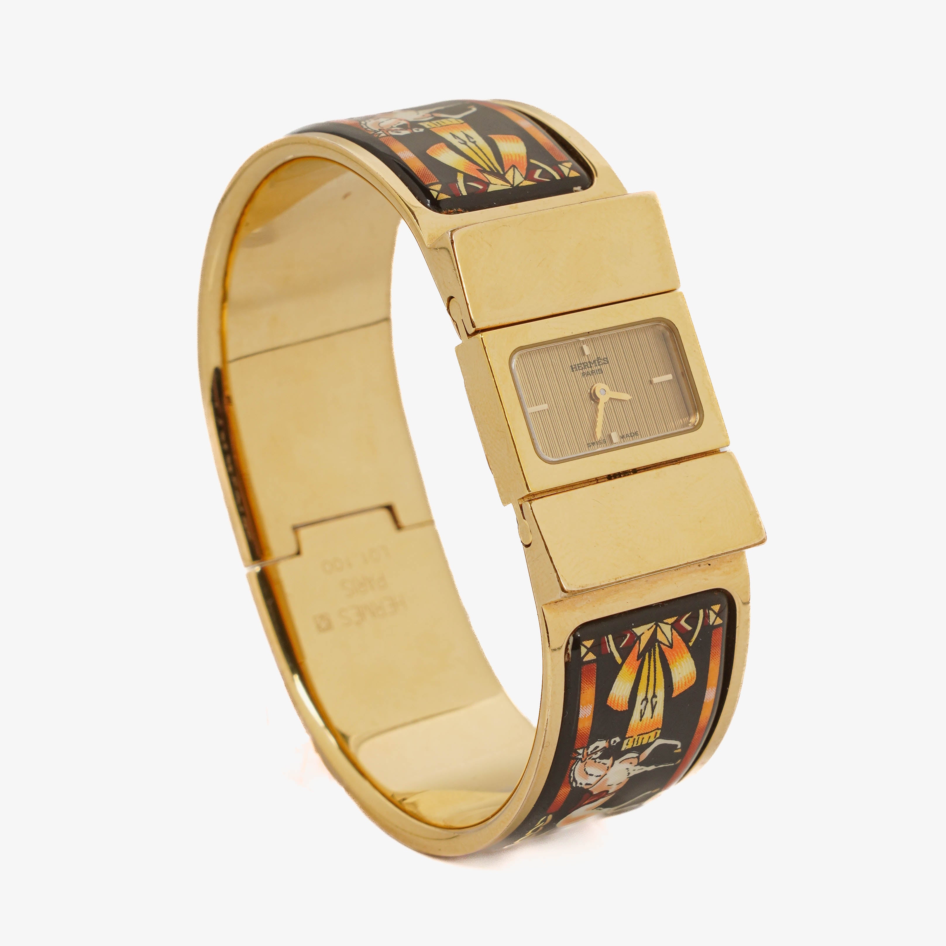 Hermes Black Equestrian Enamel and Gold Plated Loquet Bangle Quartz Watch L01.100