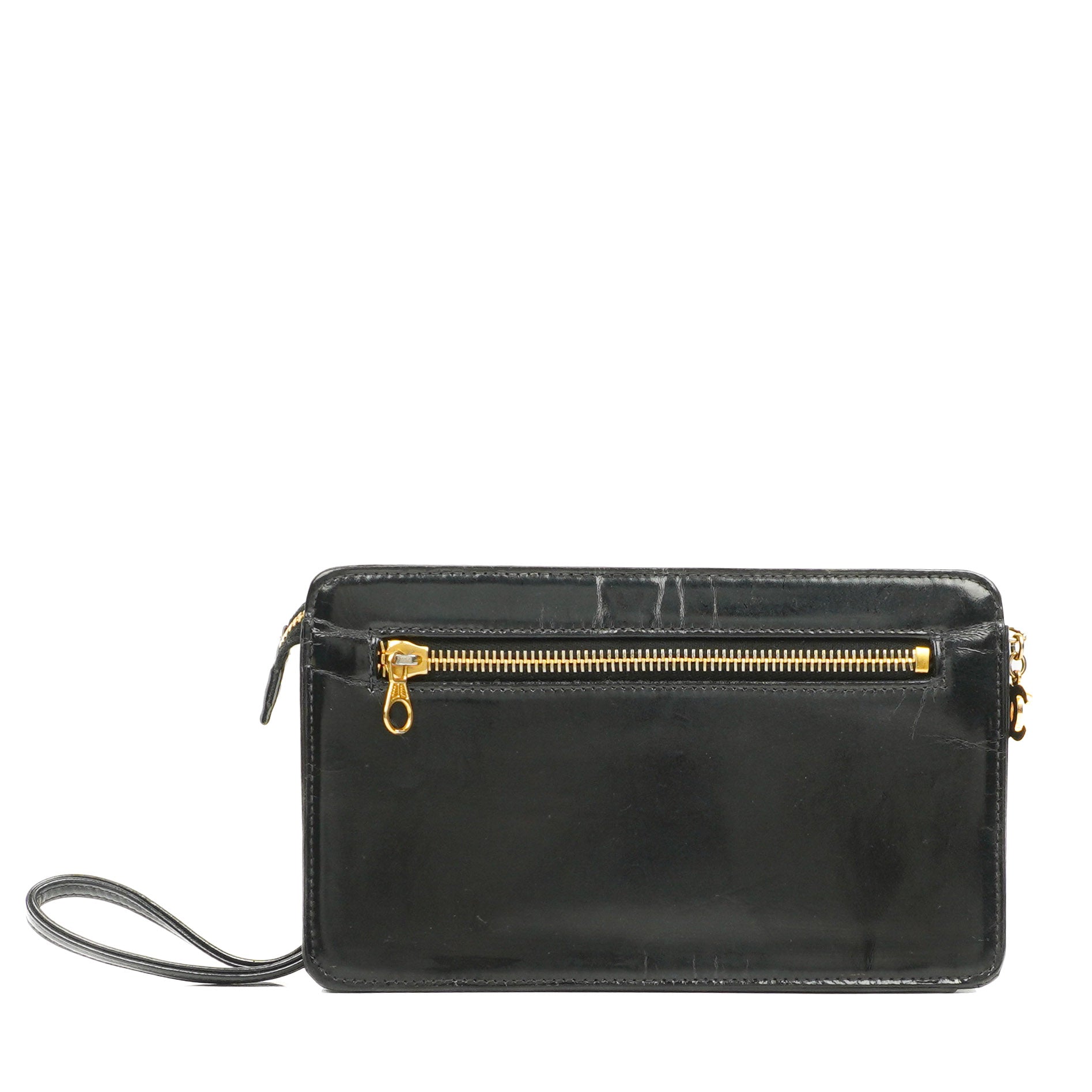 Chanel CC Schwarze Lackleder Handgelenktasche 24K Gold Beschläge