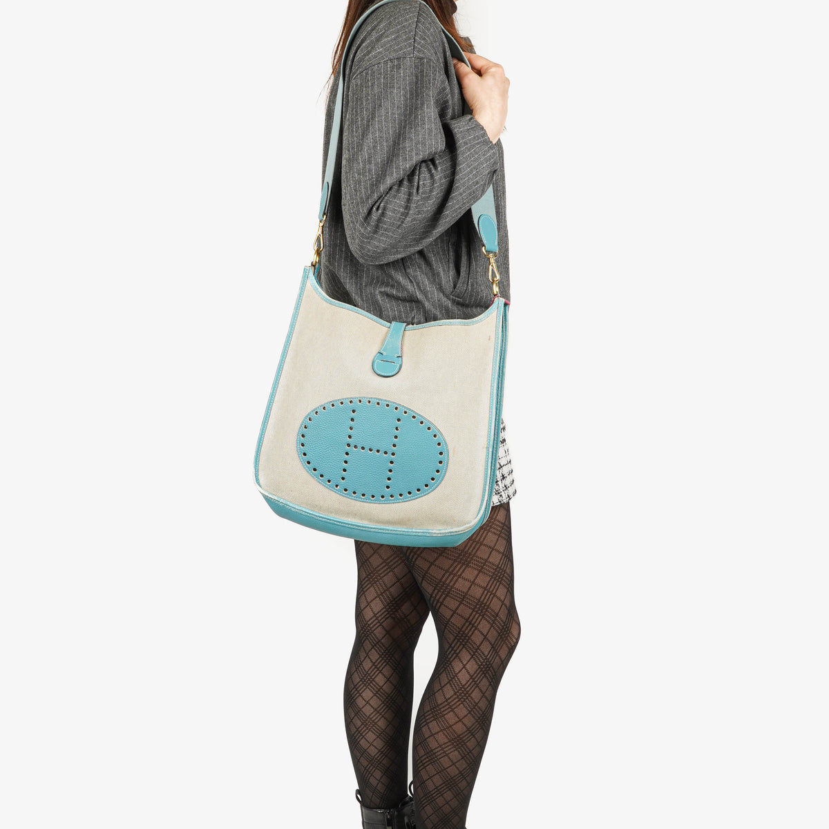 Hermes Evelyne I 32 Clemence Bleu Jean Toile and Leather Bag
