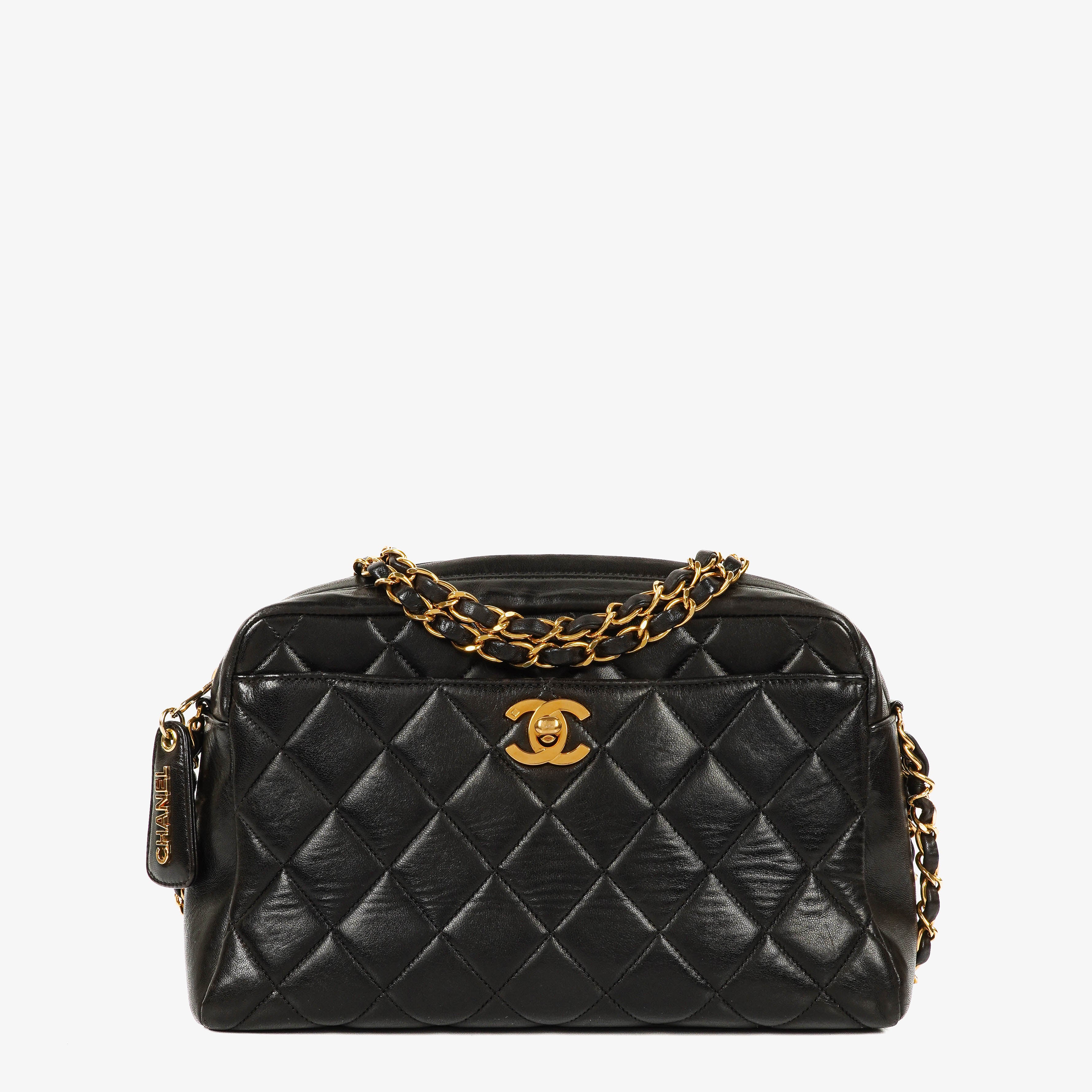 Chanel Vintage Fronttasche Kamera-Tasche Schwarz Steppleder mit 24K vergoldeter Hardware
