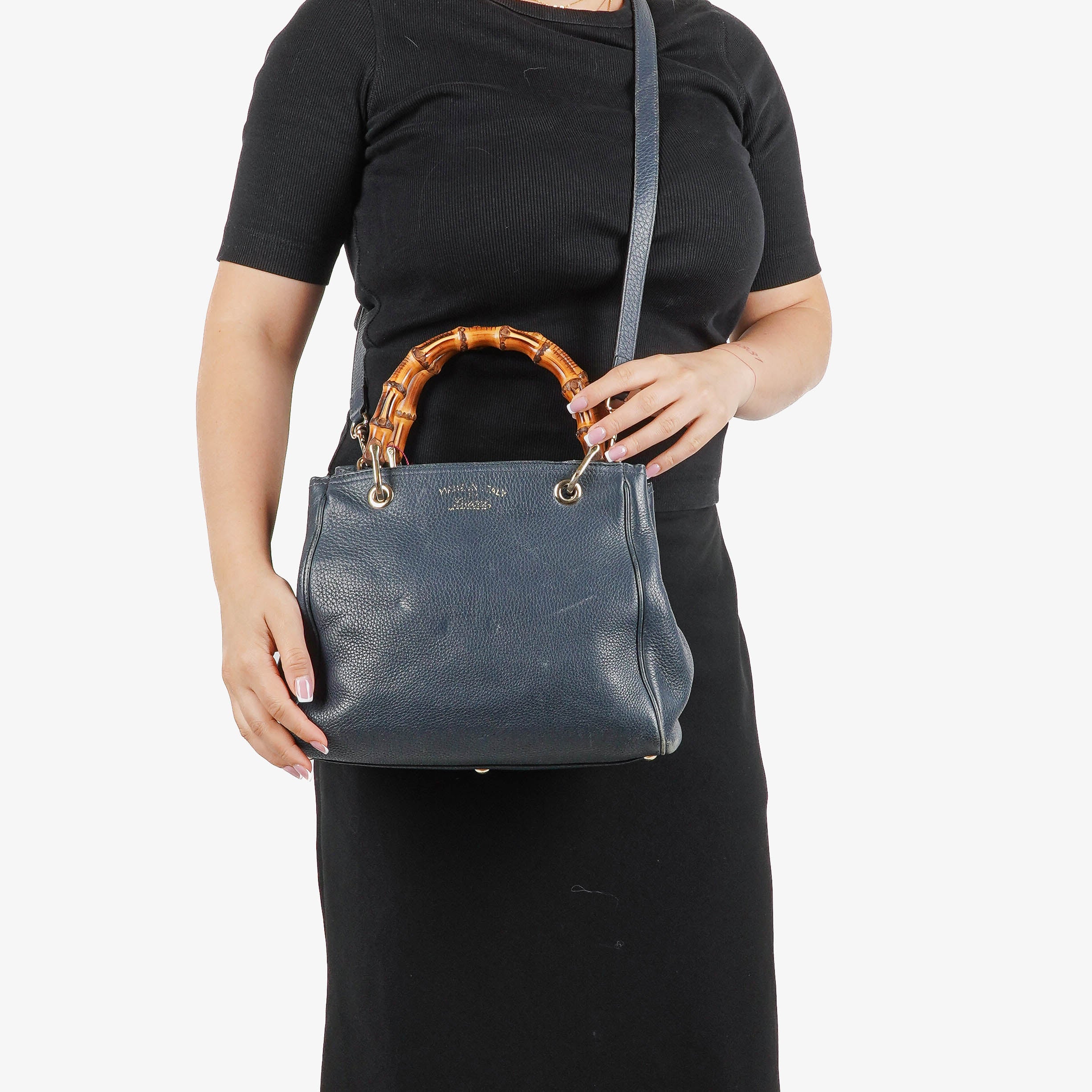 Gucci Bamboo Shopper Blue Leather Satchel Small Bag