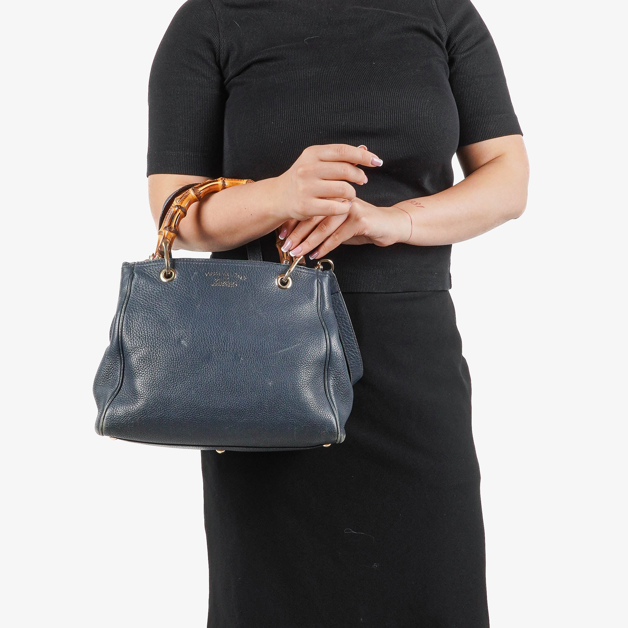 Gucci Bamboo Shopper Blue Leather Satchel Small Bag