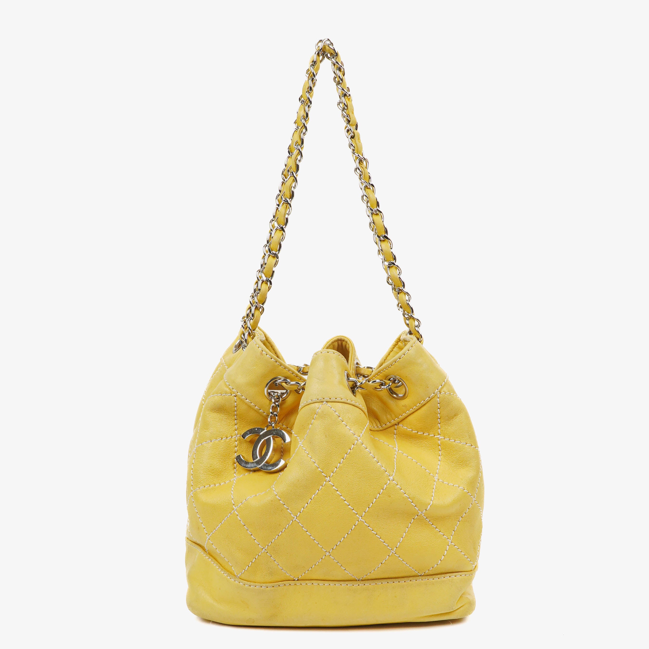 Chanel Gelbe Lammleder Bucket Bag Mit Kontrastnähten Und Kordelzug, 2005-2006