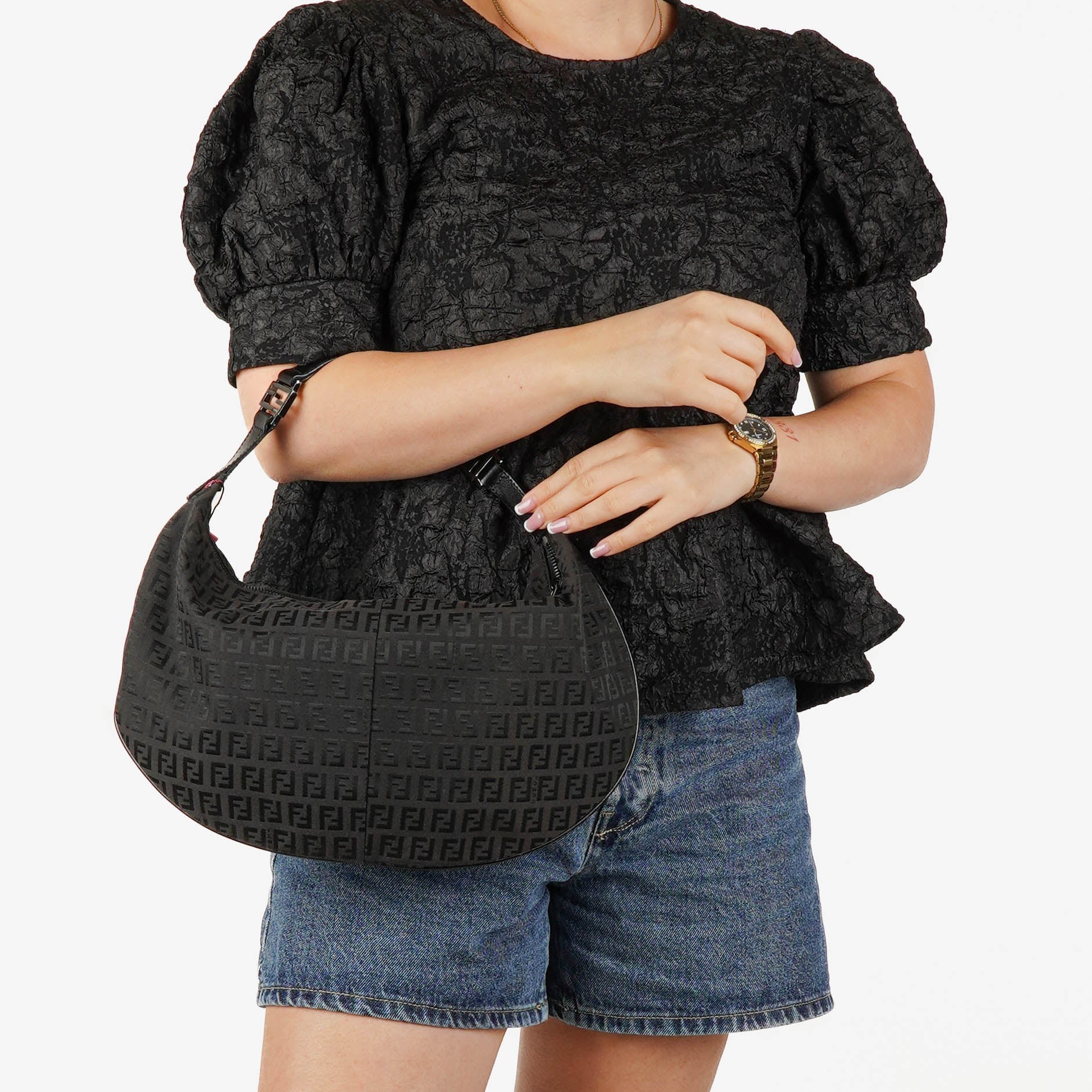 Fendi Black Zucchino Canvas Hobo Bag.