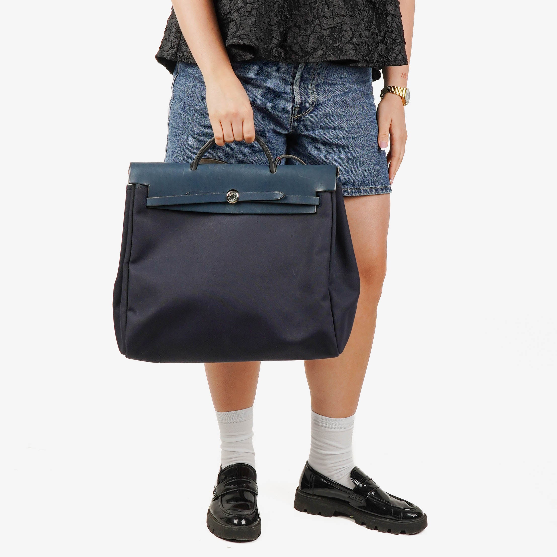 Hermes Herbag Navy Canvas Vache Hunter MM 2 In 1 Bag