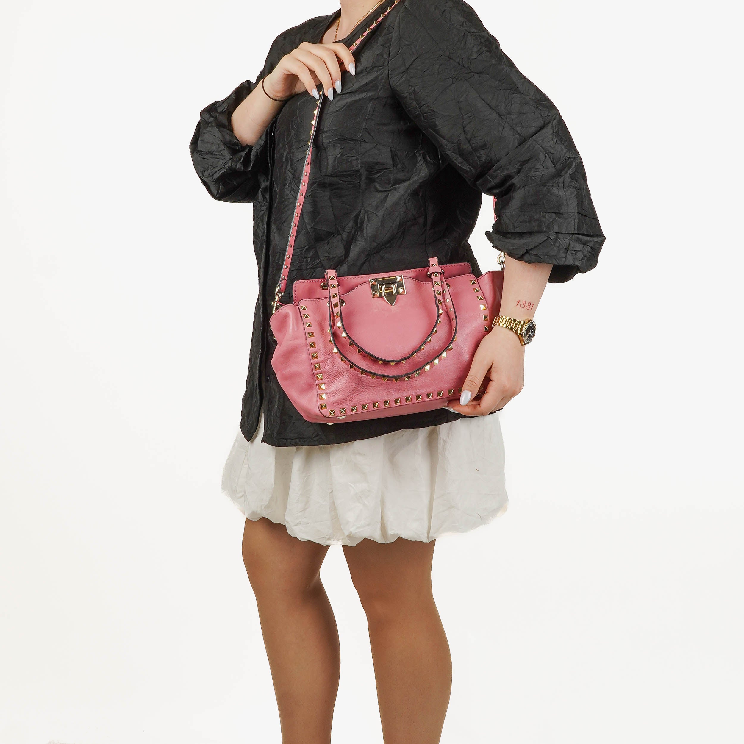 Valentino Garavani Rockstud Small Trapeze Pink Leather Tote Bag