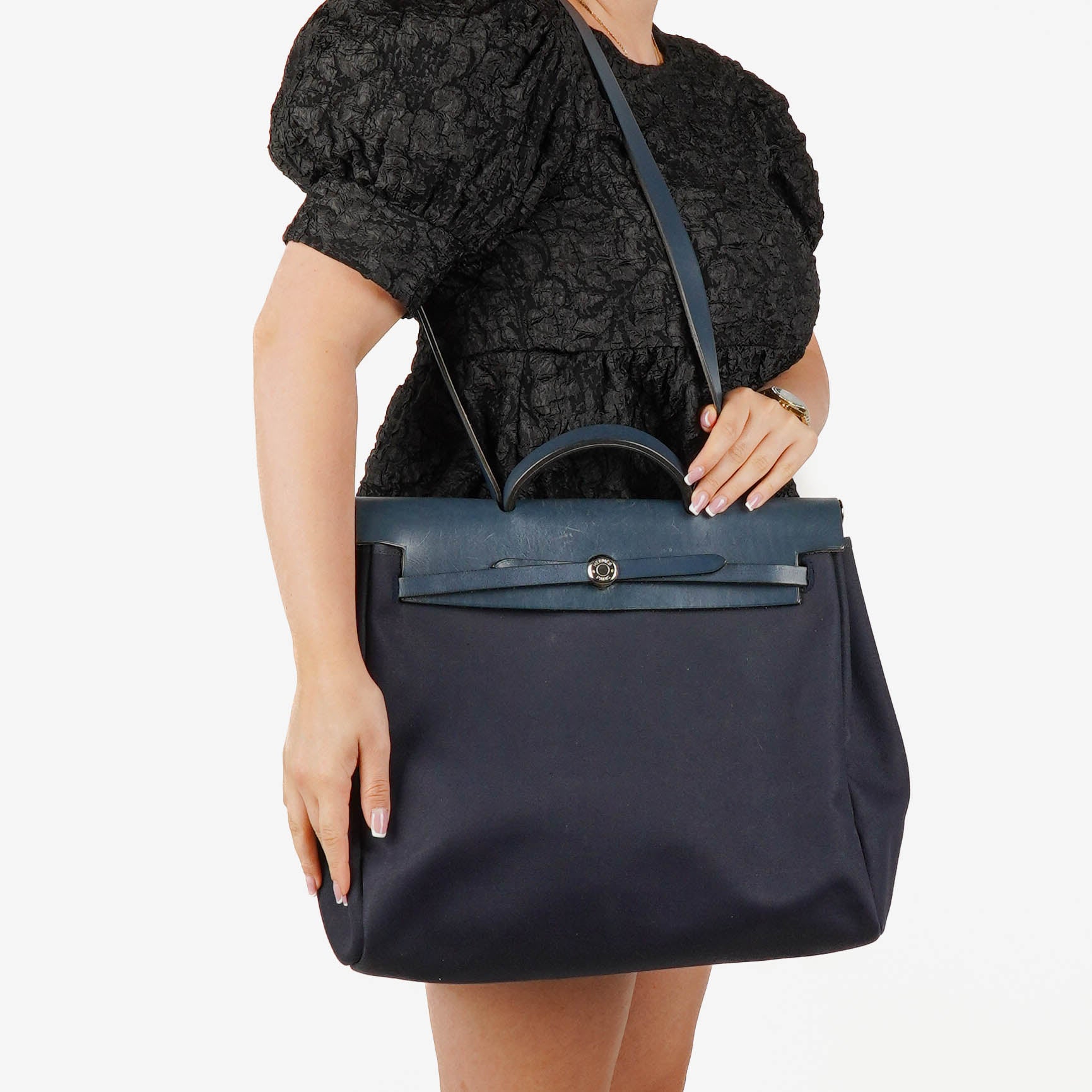 Hermes Herbag Navy Canvas Vache Hunter MM 2 In 1 Bag
