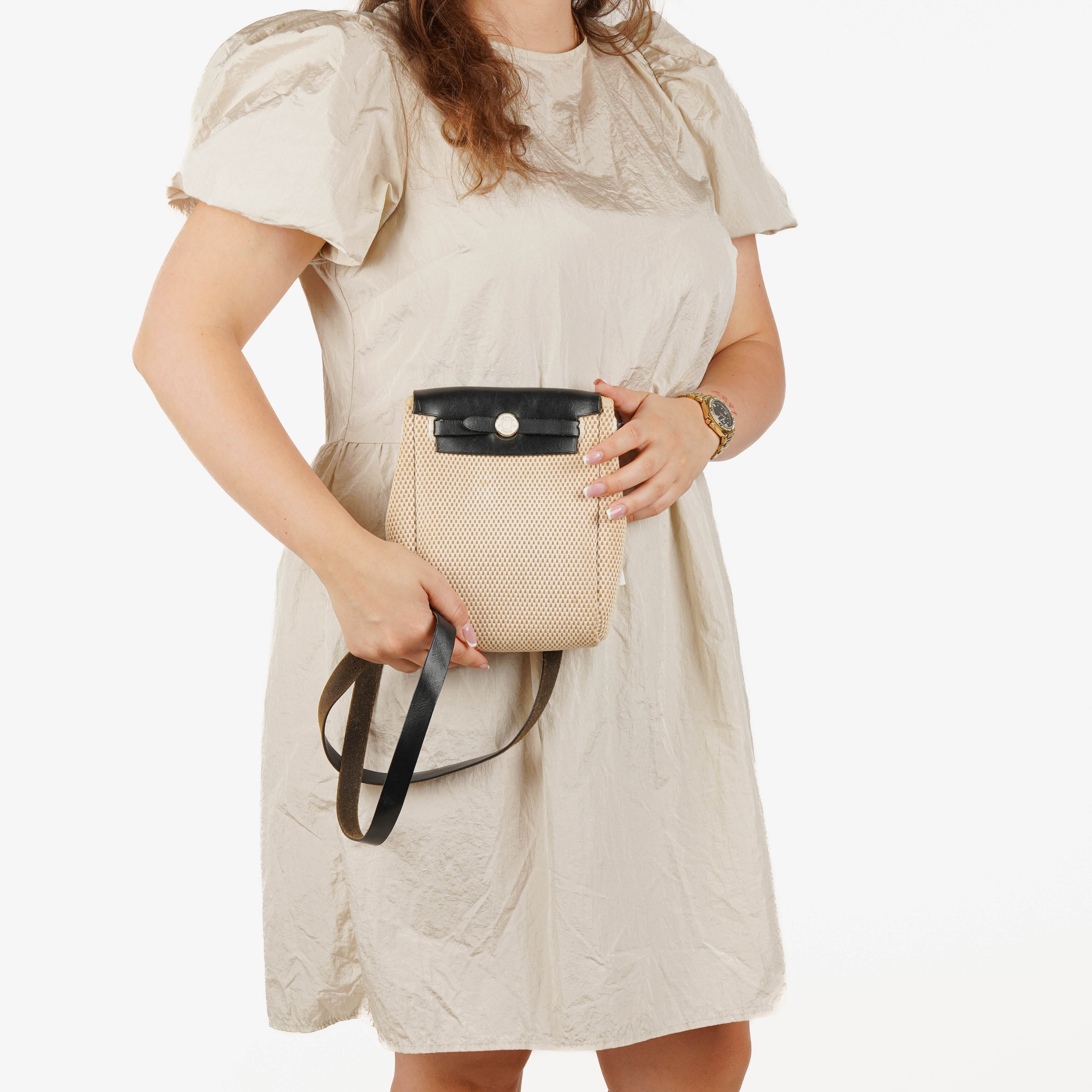 Hermes Herbag TPM Natural Noir Shoulder Bag With Palladium Hardware