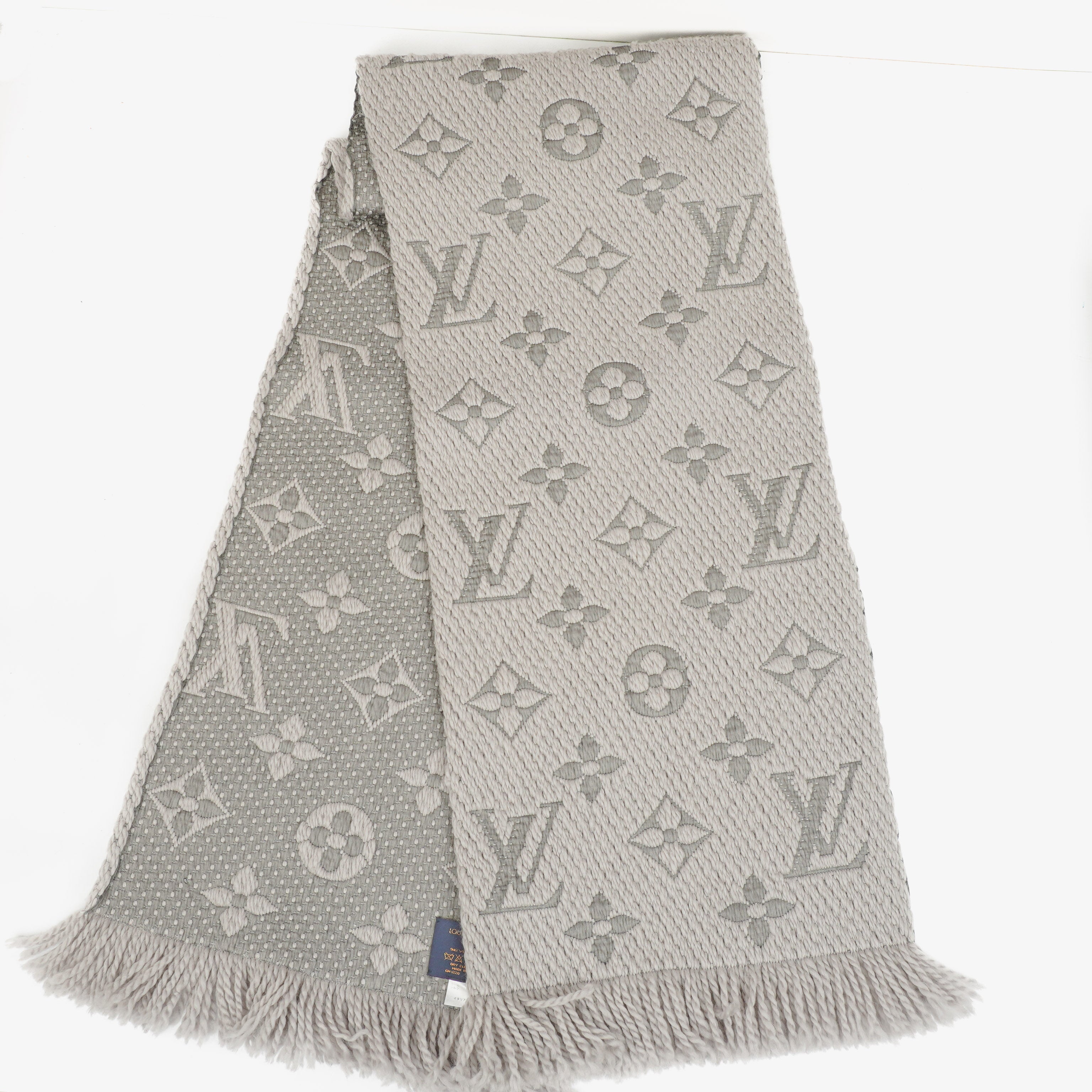 Louis Vuitton Wool Silk Logomania Scarf in Pearl Grey