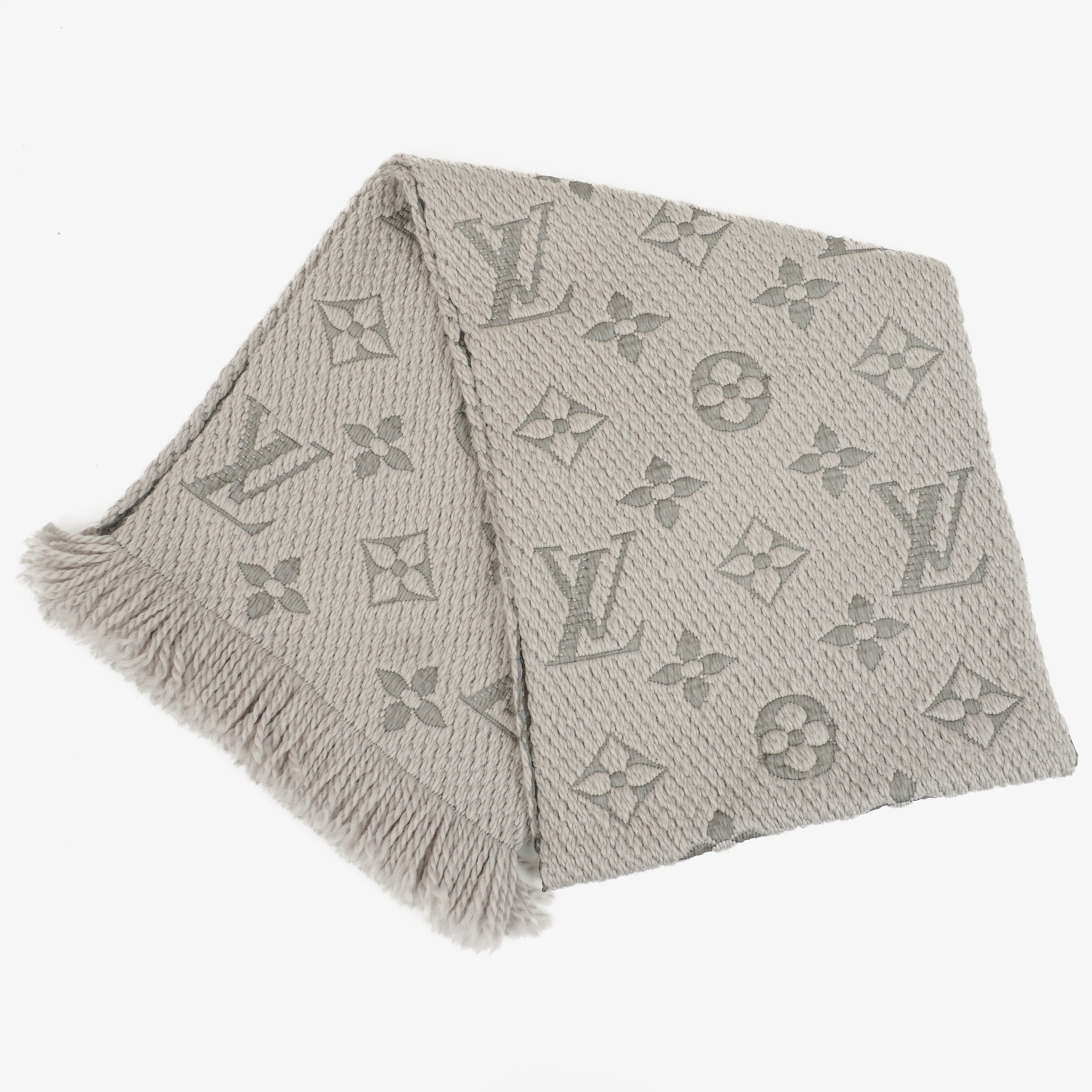 Louis Vuitton Wool Silk Logomania Scarf in Pearl Grey