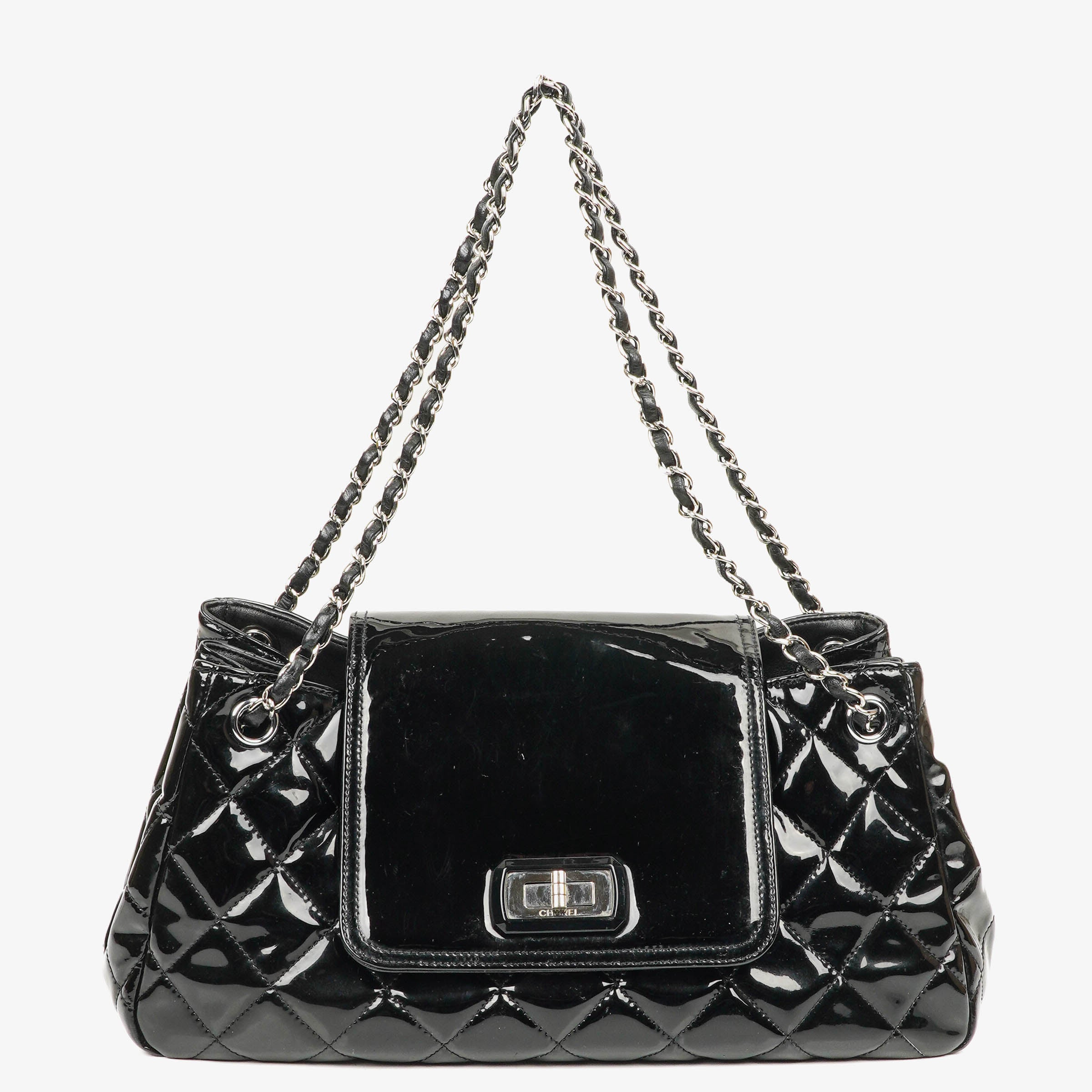 Chanel Reissue Akkordeon Schwarze gesteppte Lackleder Flap Tasche