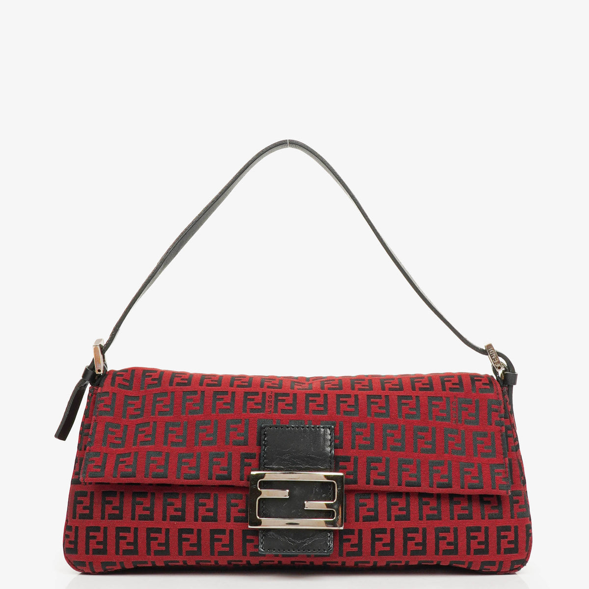 Fendi Red and Black Baguette Zucchino Shoulder Bag