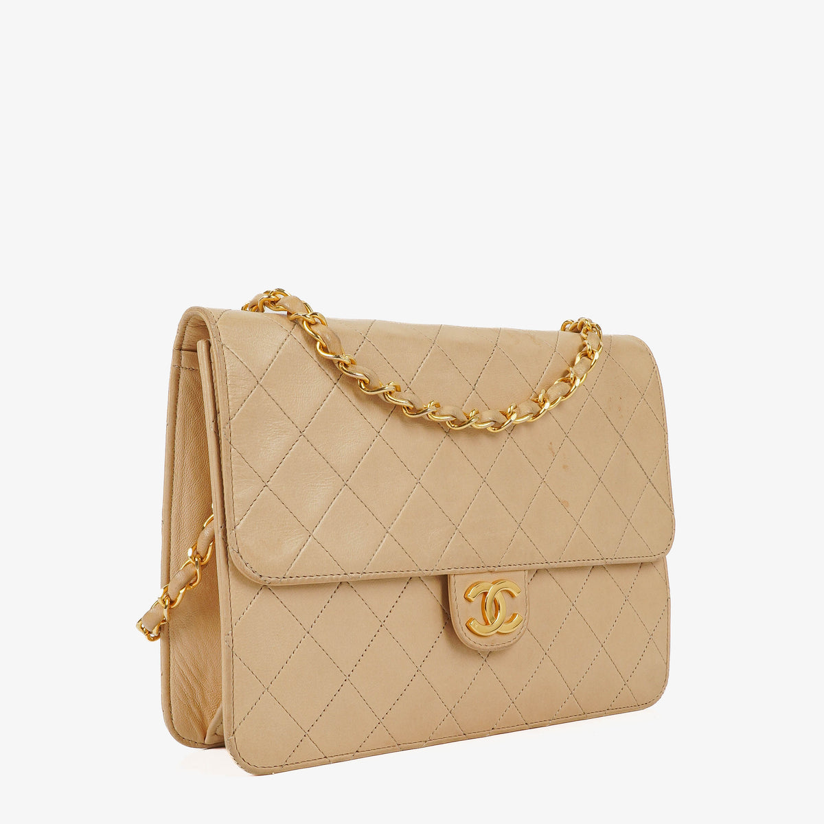 Chanel Small Classic Single Flap Bag Beige Quilted Lambskin With 24K Gold-Plated Hardware