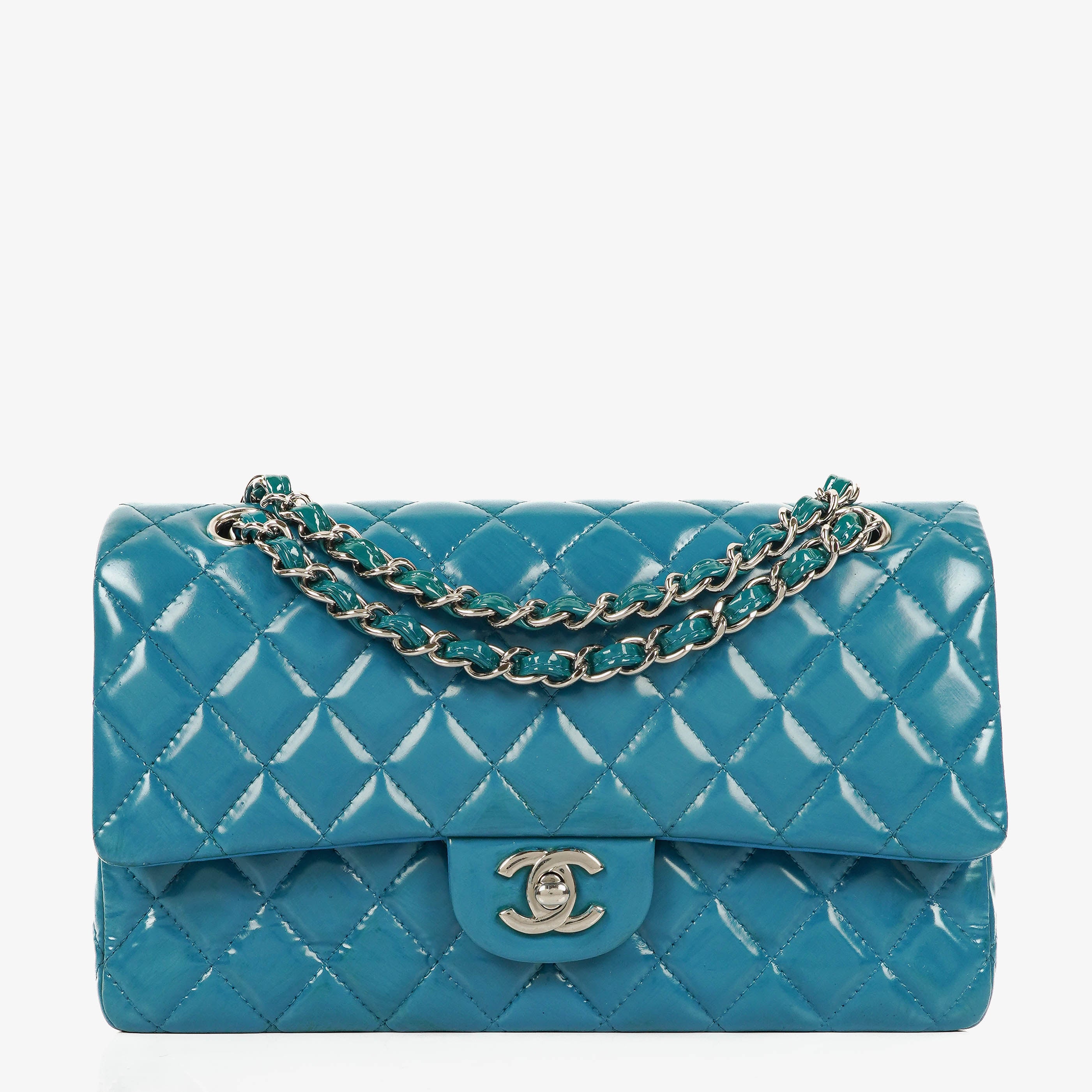 Chanel Mittelgroße Klassische Double-Flap Blaue Lack-Steppleder mit silberfarbener Hardware