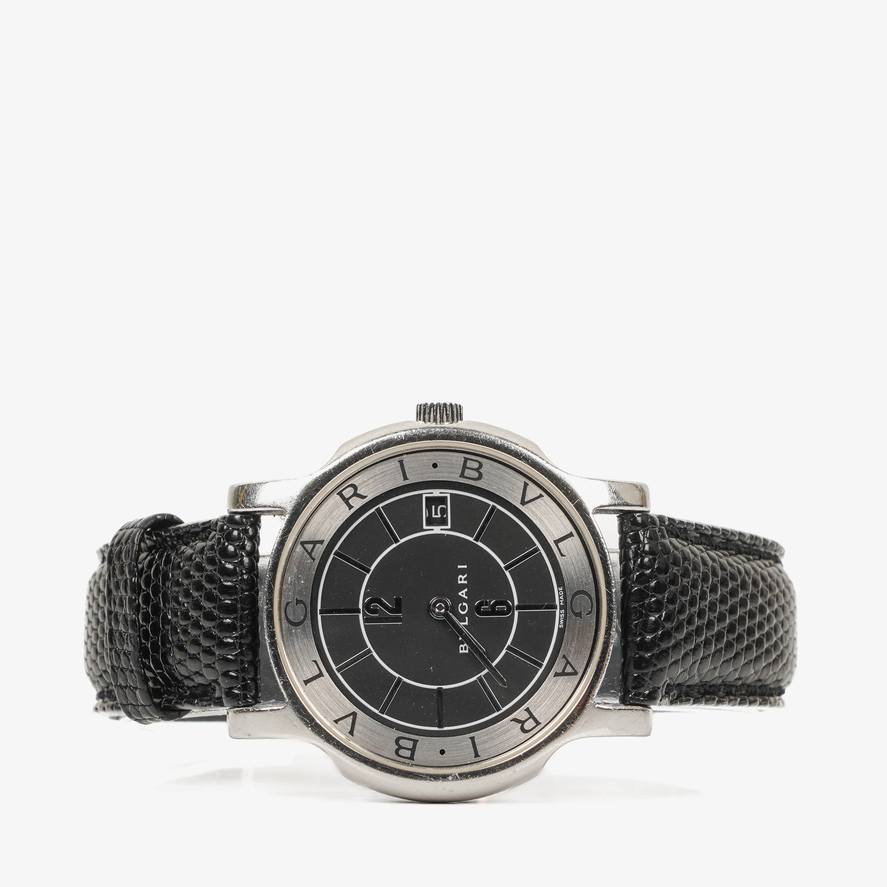 Bvlgari Bulgari Stainless Steel Black Calfskin 35mm Solotempo Quartz Watch