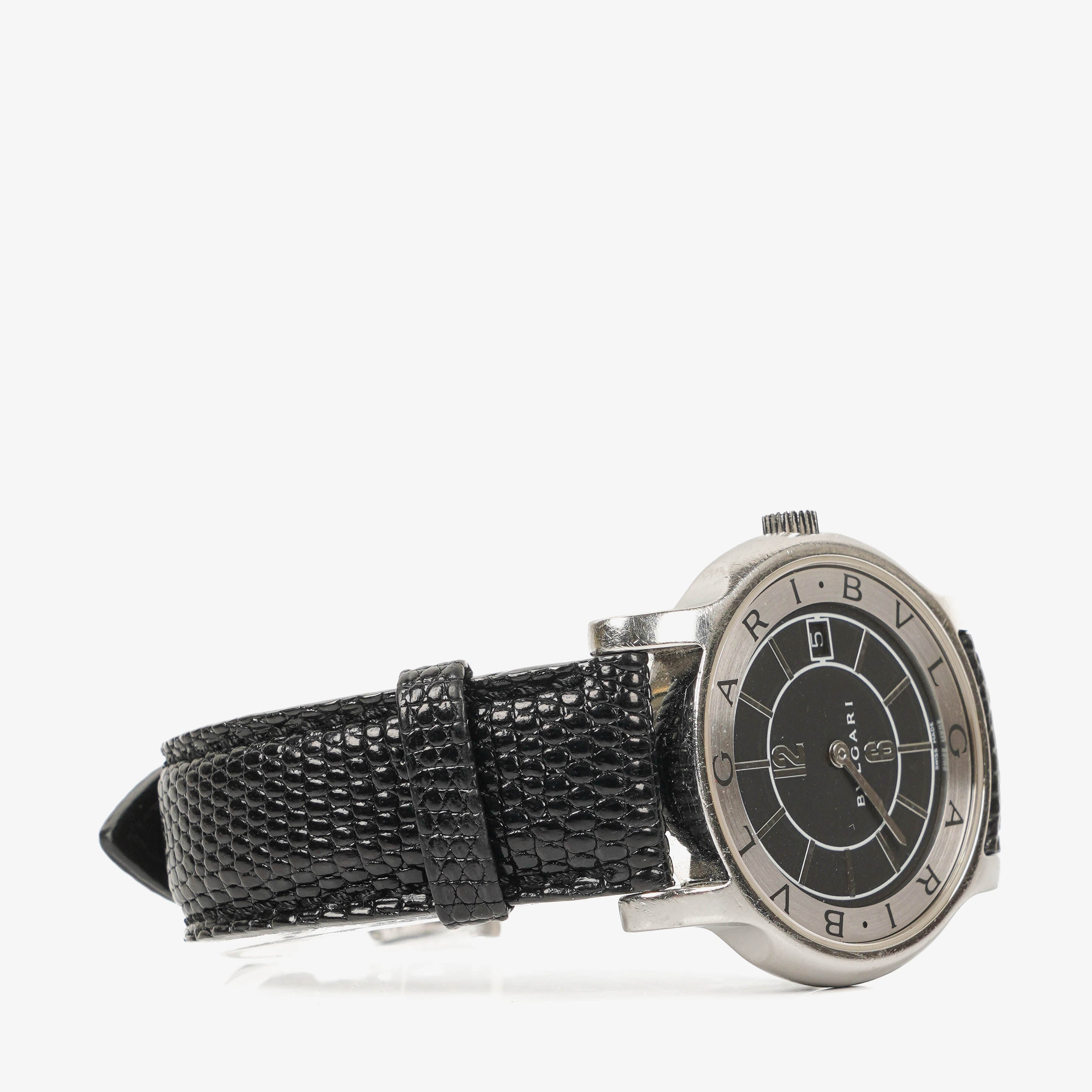 Bvlgari Bulgari Stainless Steel Black Calfskin 35mm Solotempo Quartz Watch