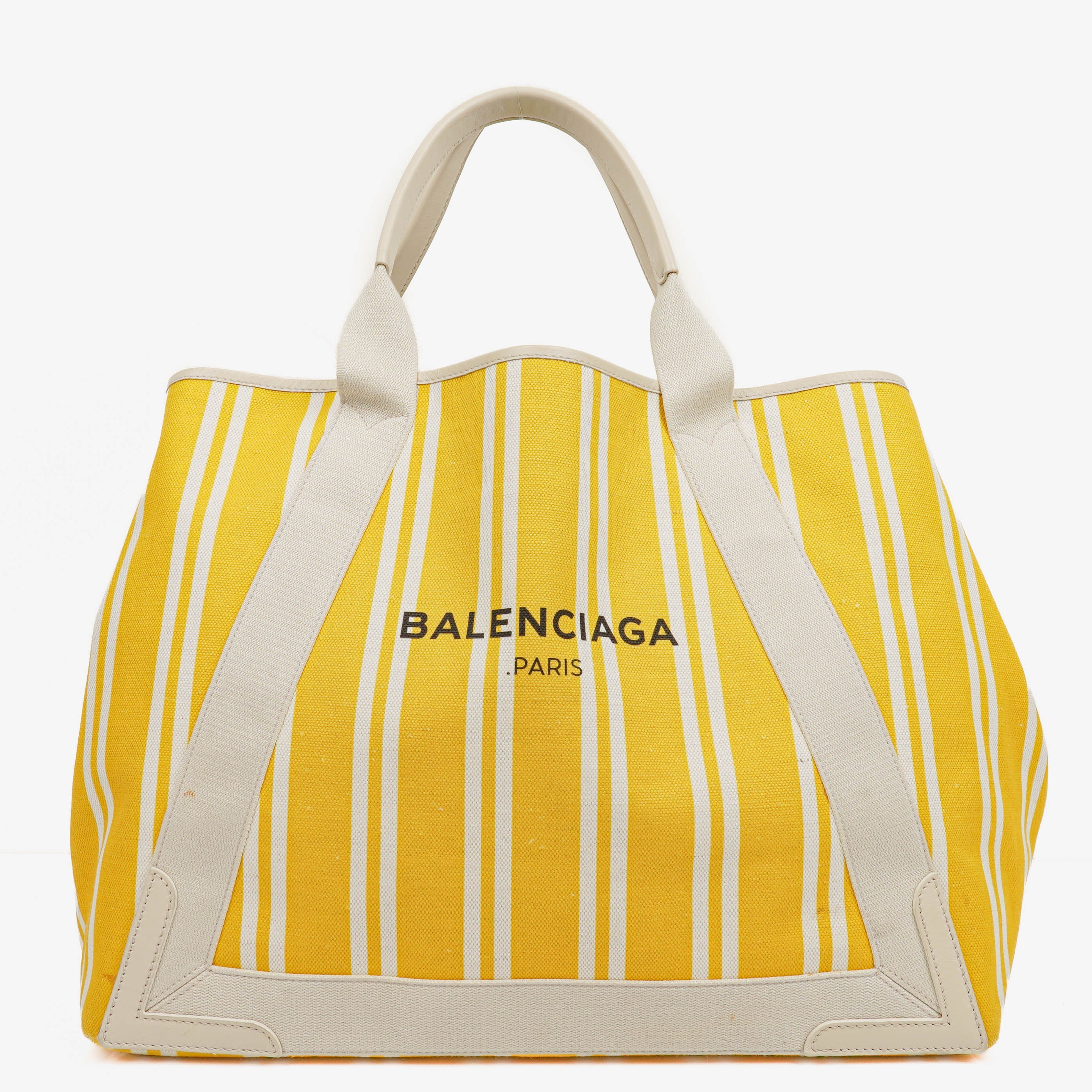 Balenciaga Yellow/White Navy Cabas Calfskin Logo Print Handbag