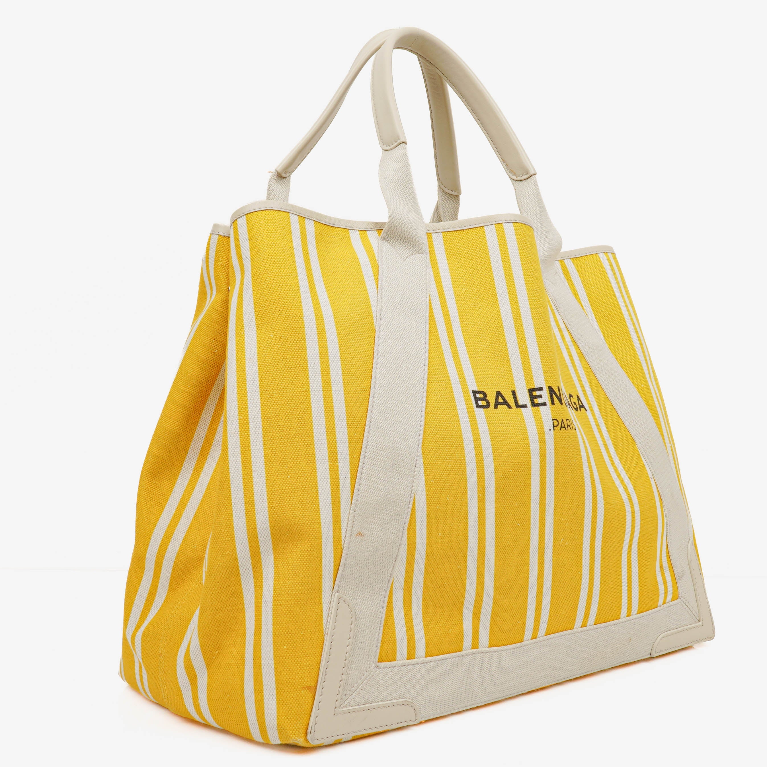 Balenciaga Yellow/White Navy Cabas Calfskin Logo Print Handbag