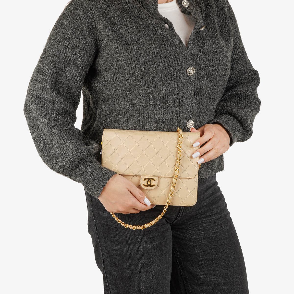 Chanel Small Classic Single Flap Bag Beige Quilted Lambskin With 24K Gold-Plated Hardware